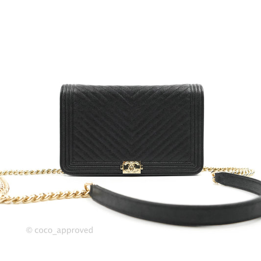 Chanel Chevron Boy Wallet On Chain Black Caviar Gold Hardware