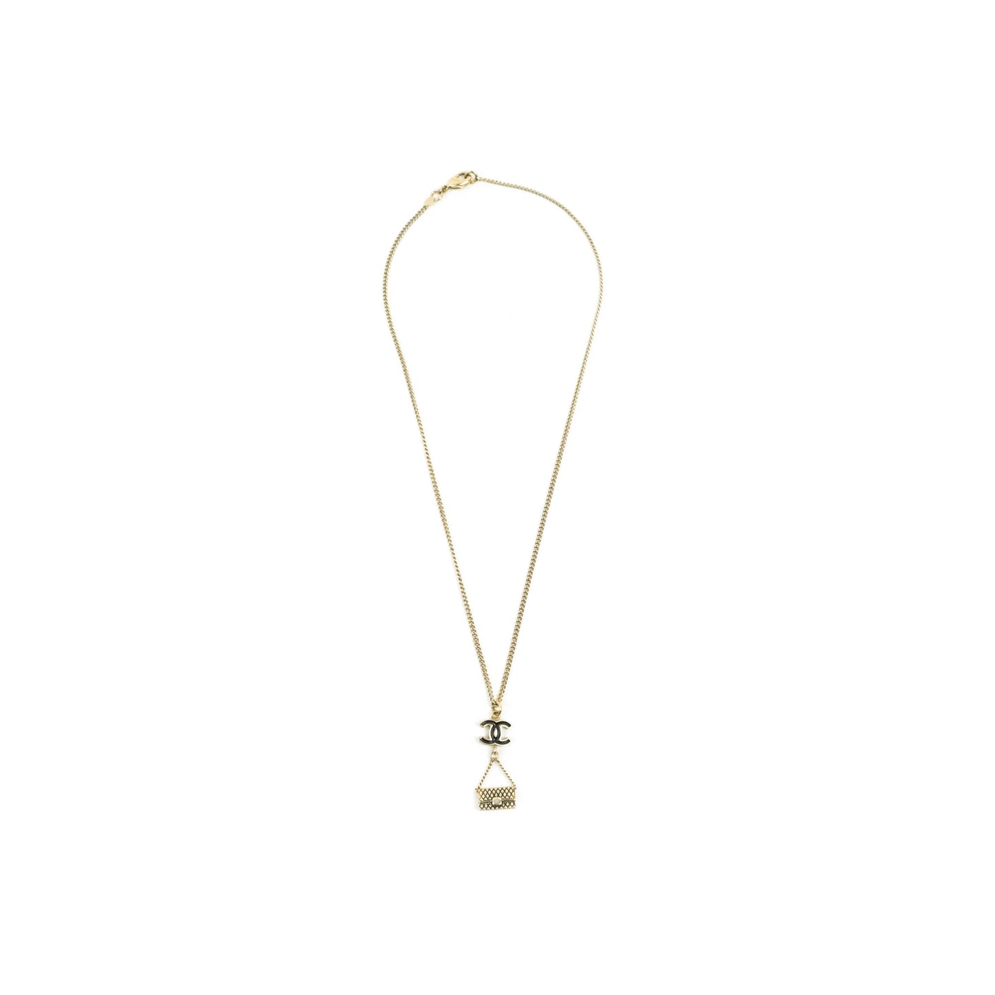 Chanel CC Black Enamel Flap Bag Charm Pendant Necklace Gold Tone 07P