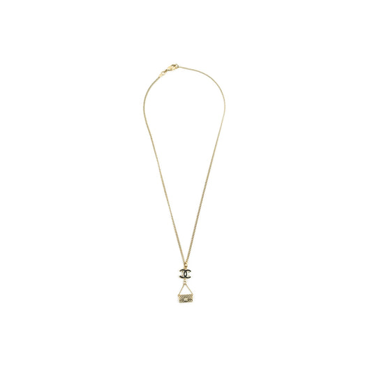 Chanel CC Black Enamel Flap Bag Charm Pendant Necklace Gold Tone 07P