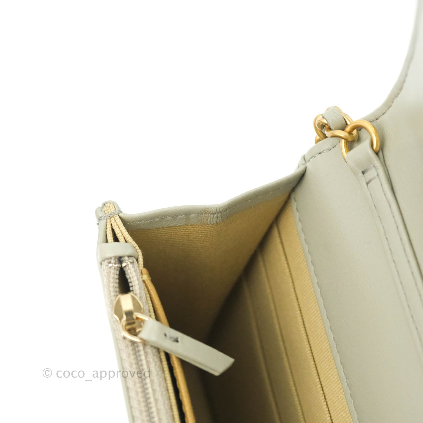 Chanel Quilted Pearl Crush Wallet on Chain WOC Light Grey Lambskin Aged Gold Hardware 22C