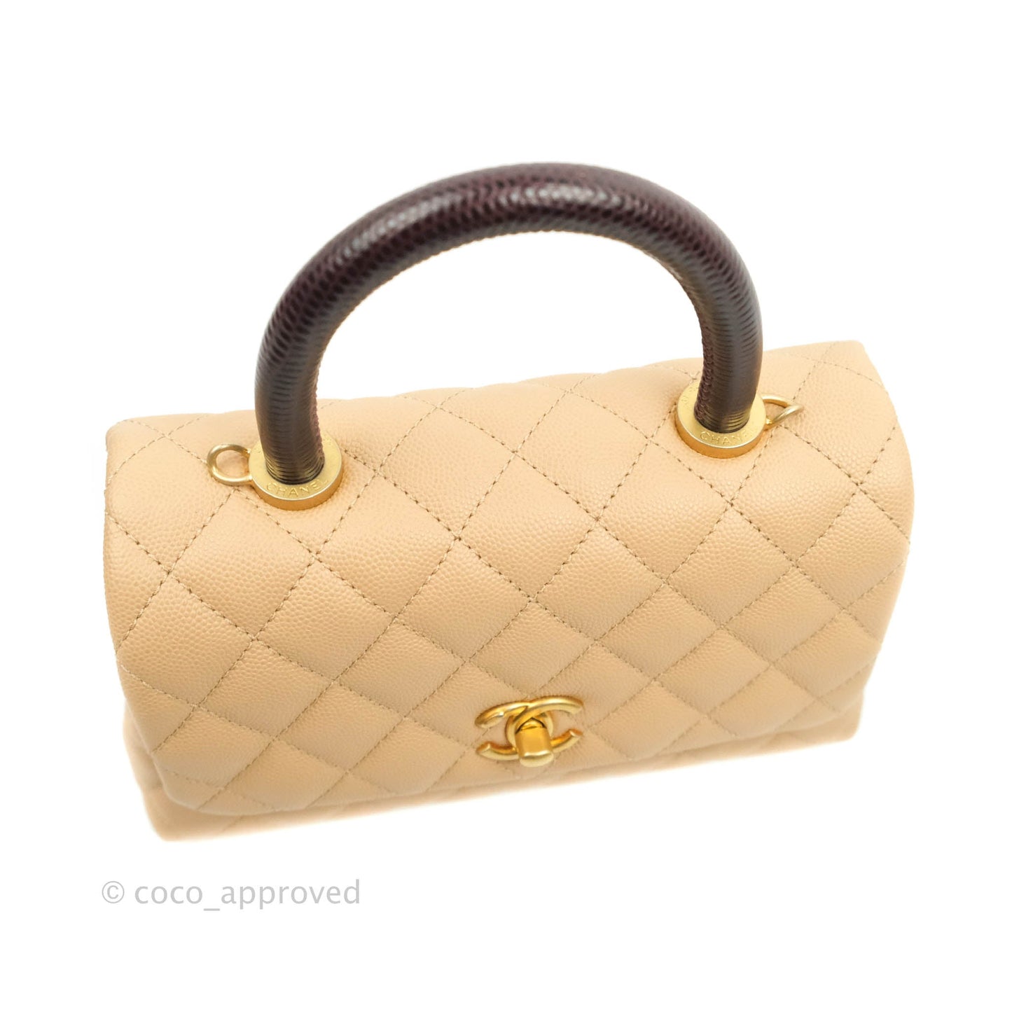 Chanel Small Coco Handle Quilted Beige Caviar Gold Hardware Lizard Embossed Handle