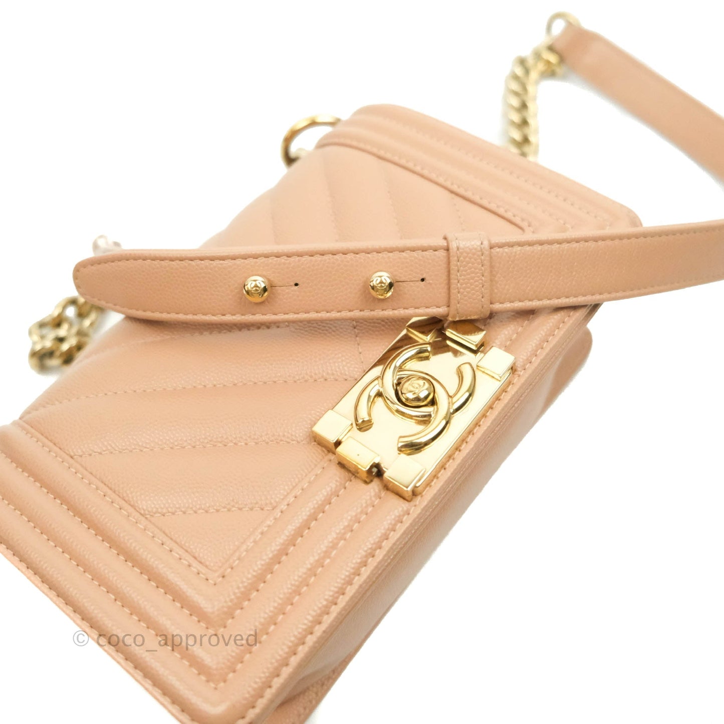 Chanel Small Chevron Boy Dark Beige Caviar Gold Hardware