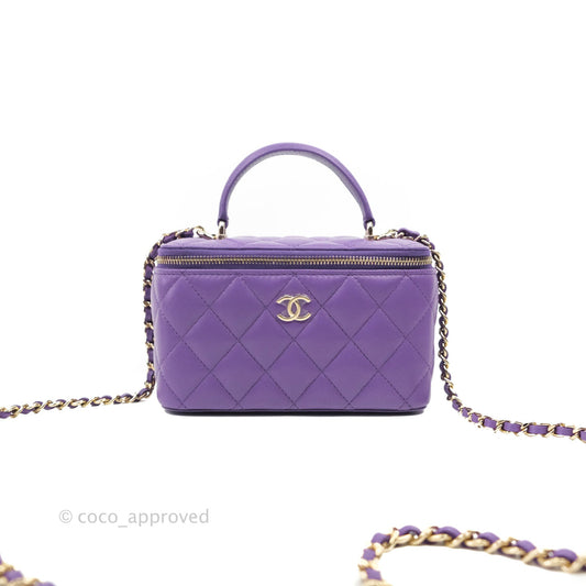 Chanel Classic Vanity Rectangular Top Handle With Chain Purple Lambskin Gold Hardware