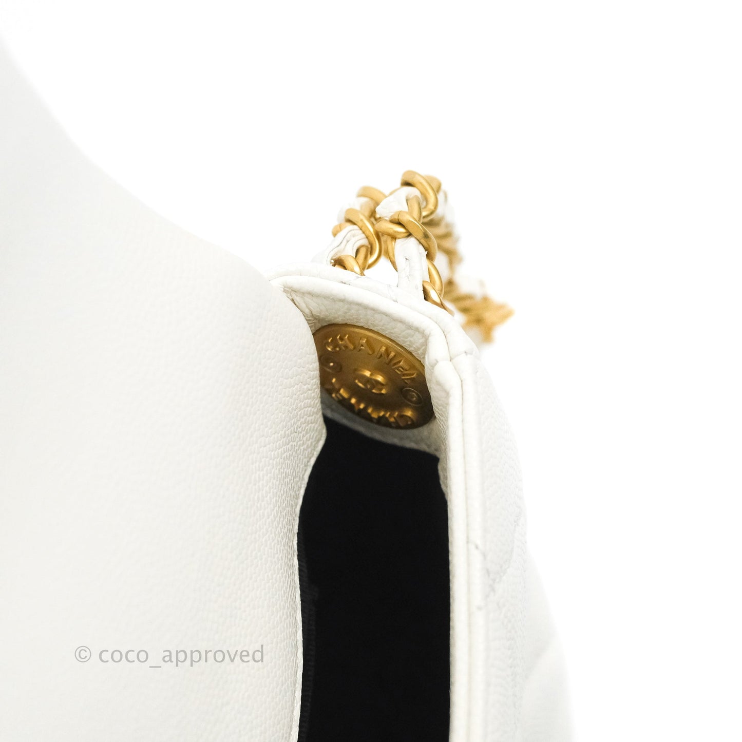 Chanel Mini Flap with Coin Charm White Caviar Aged Gold Hardware 22A