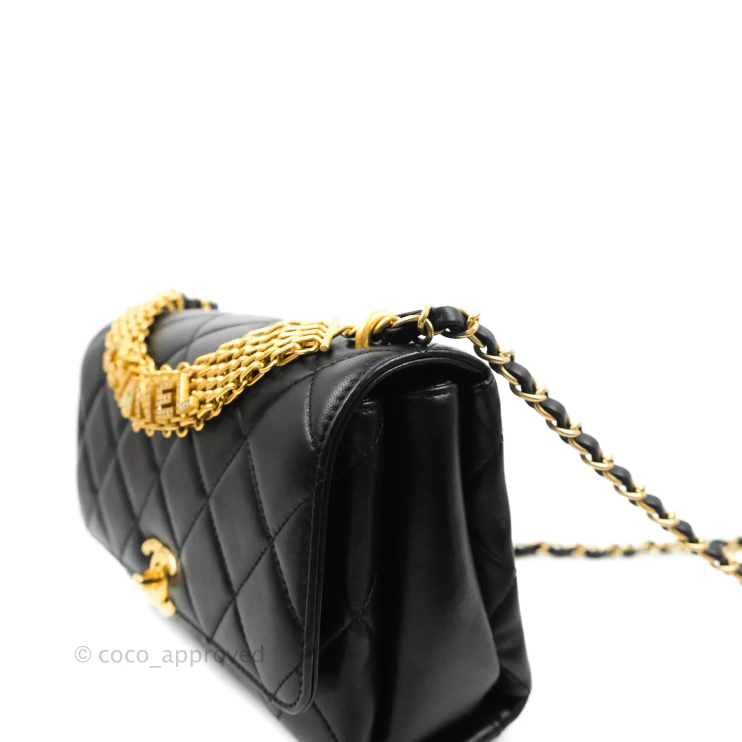 Chanel Quilted Small Flap Bag with CC Crystal Logo Handle Black Lambskin Aged Gold Hardware