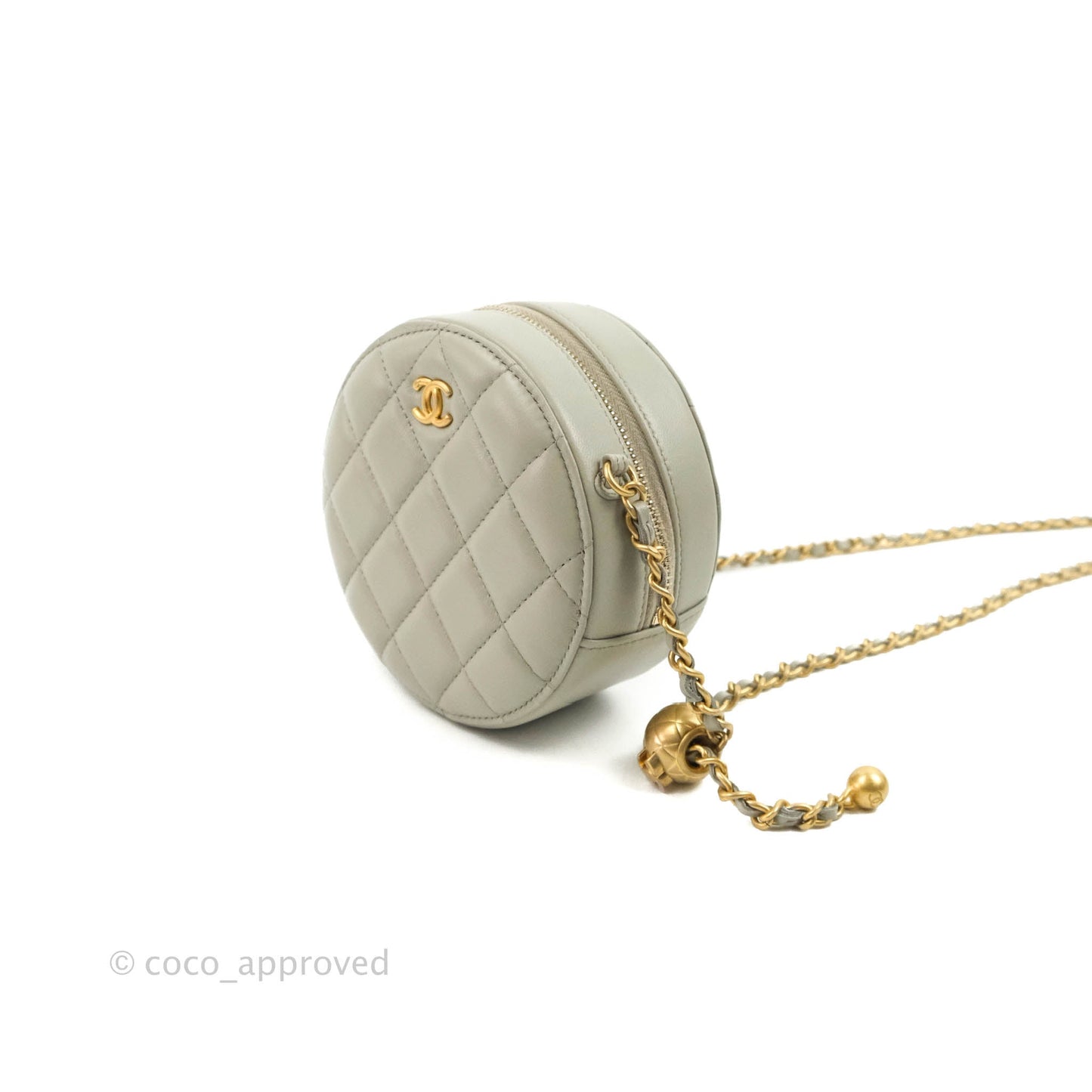 Chanel Quilted Round Pearl Crush Clutch With Chain Grey Lambskin Aged Gold Hardware
