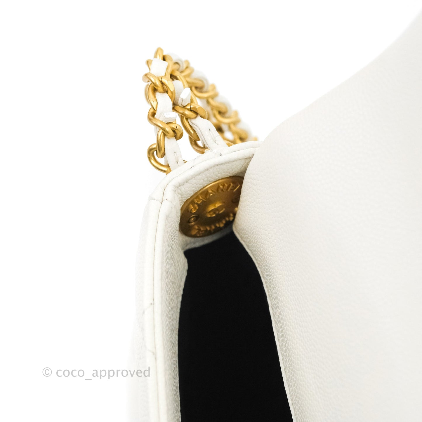 Chanel Mini Flap with Coin Charm White Caviar Aged Gold Hardware 22A