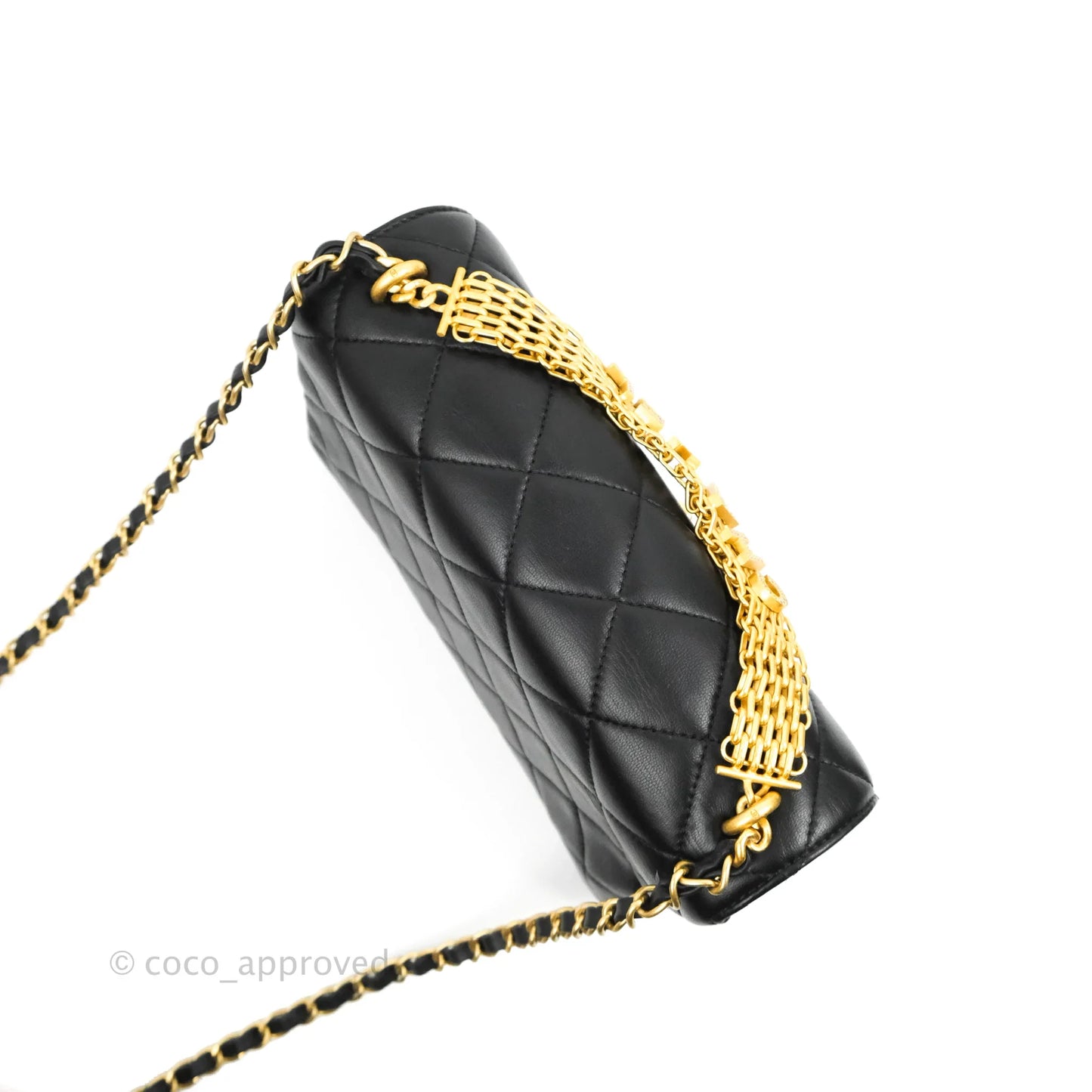 Chanel Quilted Small Flap Bag with CC Crystal Logo Handle Black Lambskin Aged Gold Hardware