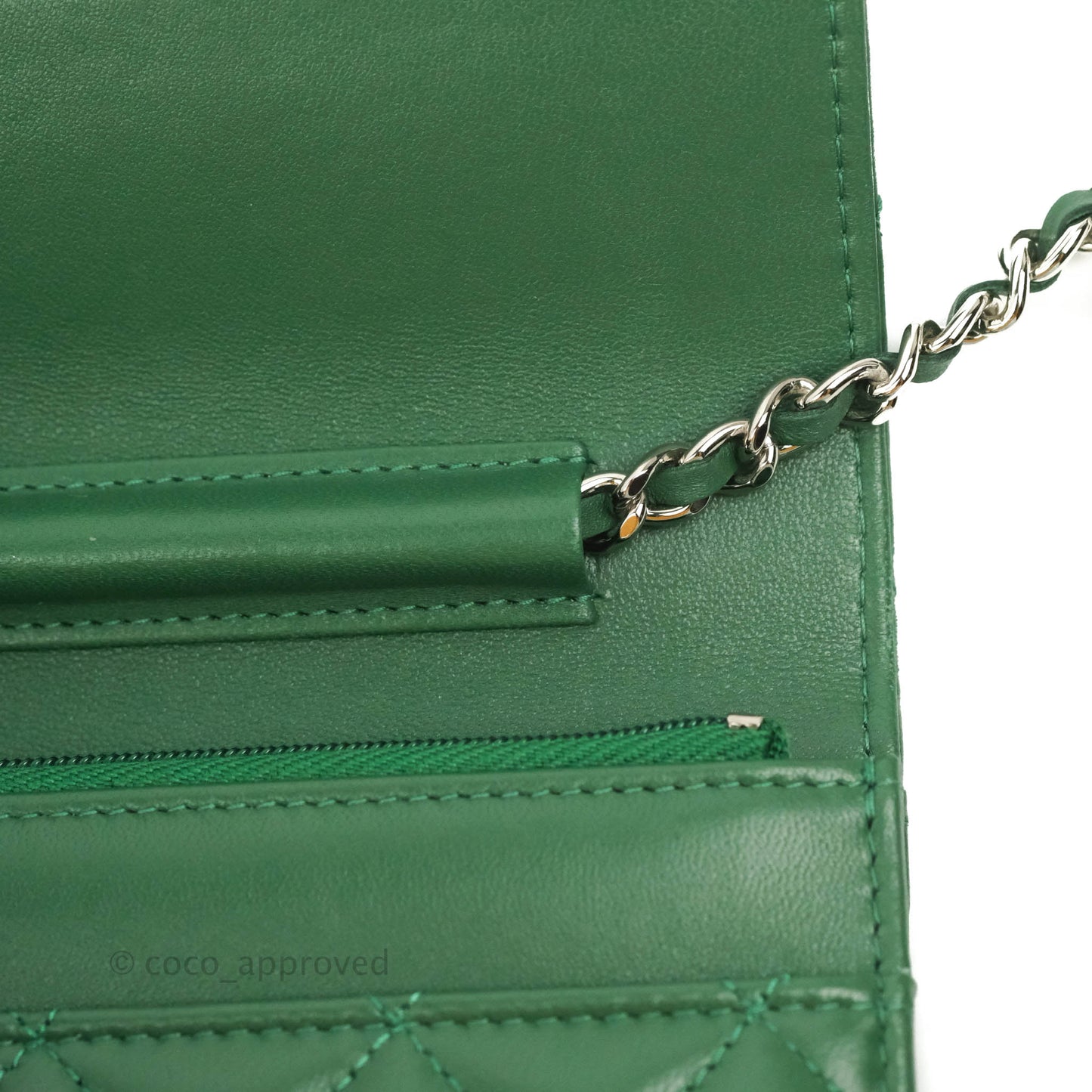 Chanel Quilted Classic Wallet on Chain WOC Green Lambskin Silver Hardware