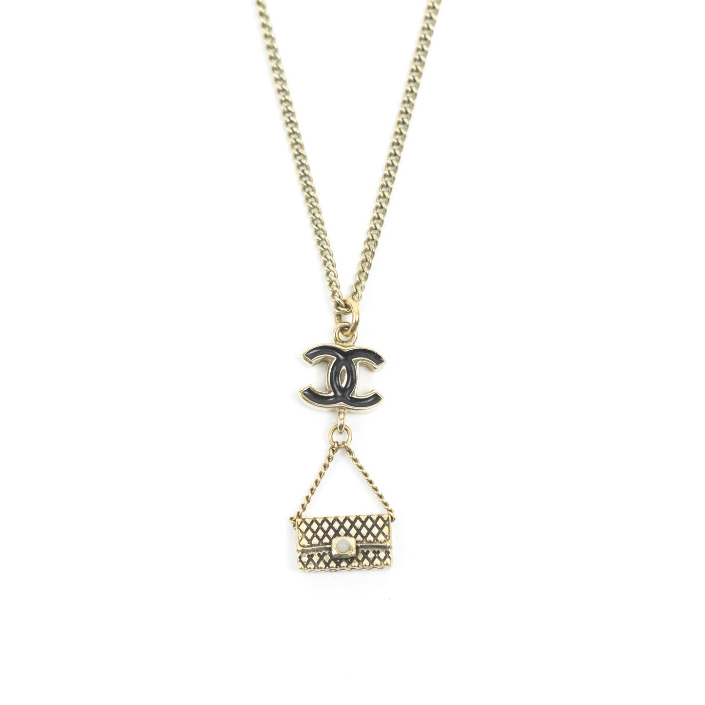 Chanel CC Black Enamel Flap Bag Charm Pendant Necklace Gold Tone 07P