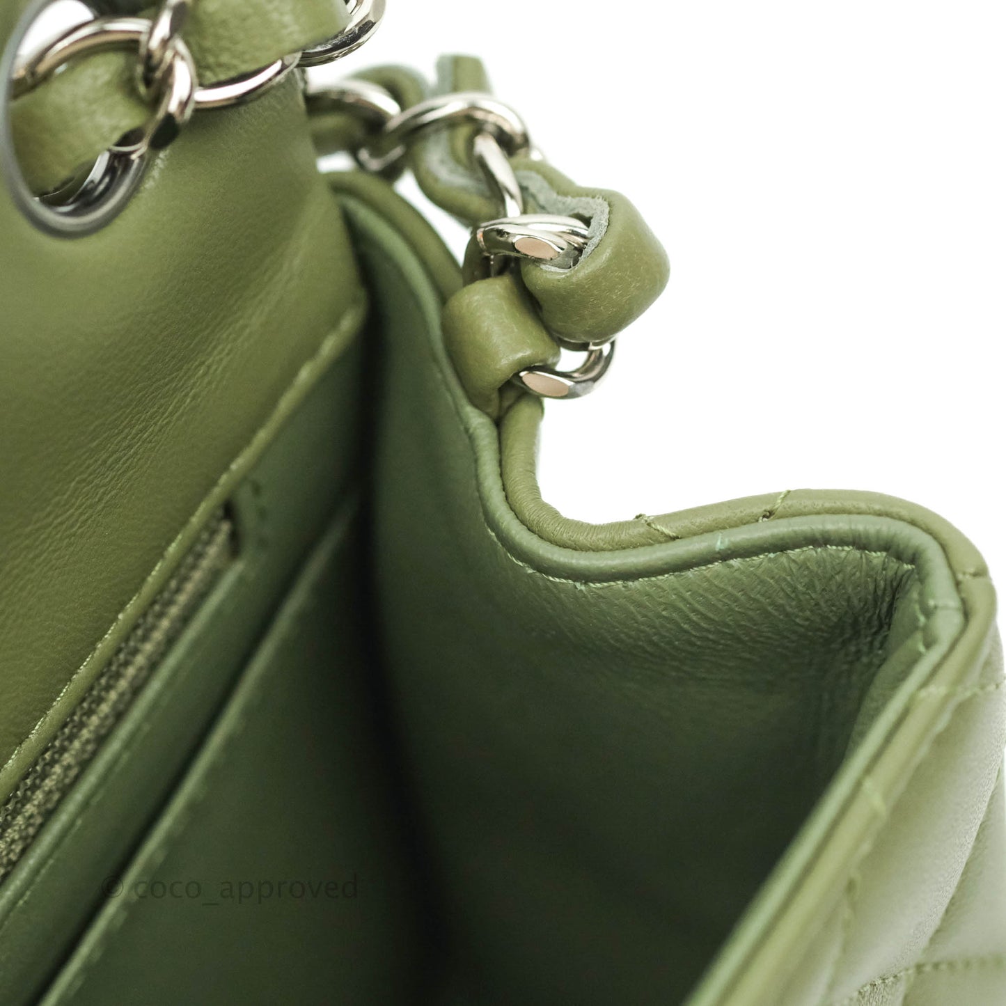 Chanel Quilted Mini Square Olive Green Lambskin Silver Hardware 21B
