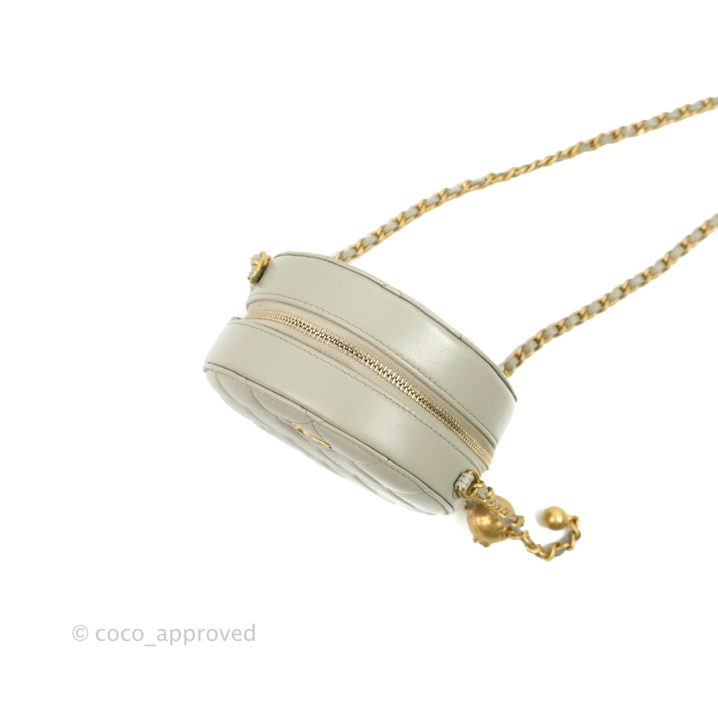 Chanel Quilted Round Pearl Crush Clutch With Chain Grey Lambskin Aged Gold Hardware