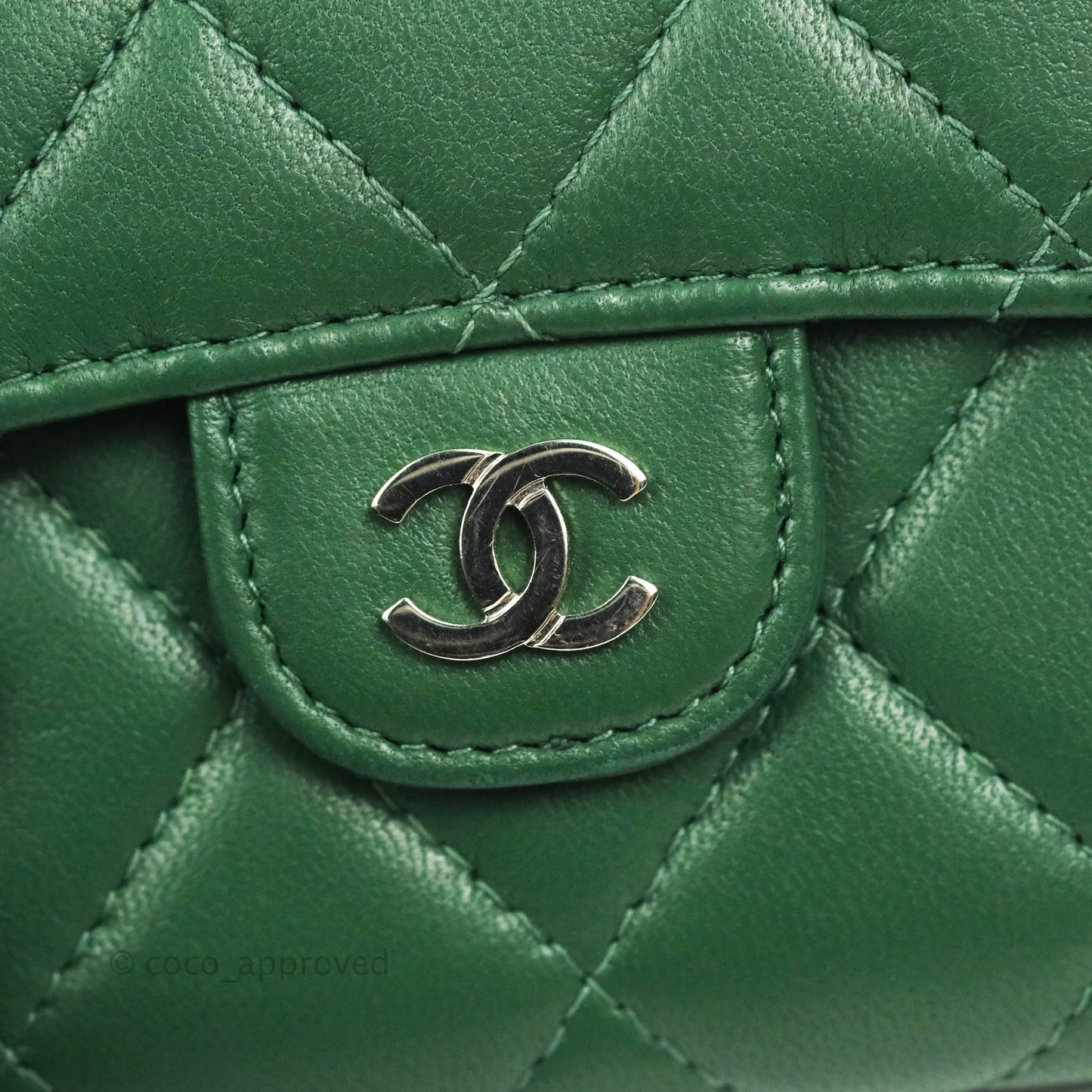 Chanel Classic Flap Coin Purse Dark Green Lambskin Silver Hardware