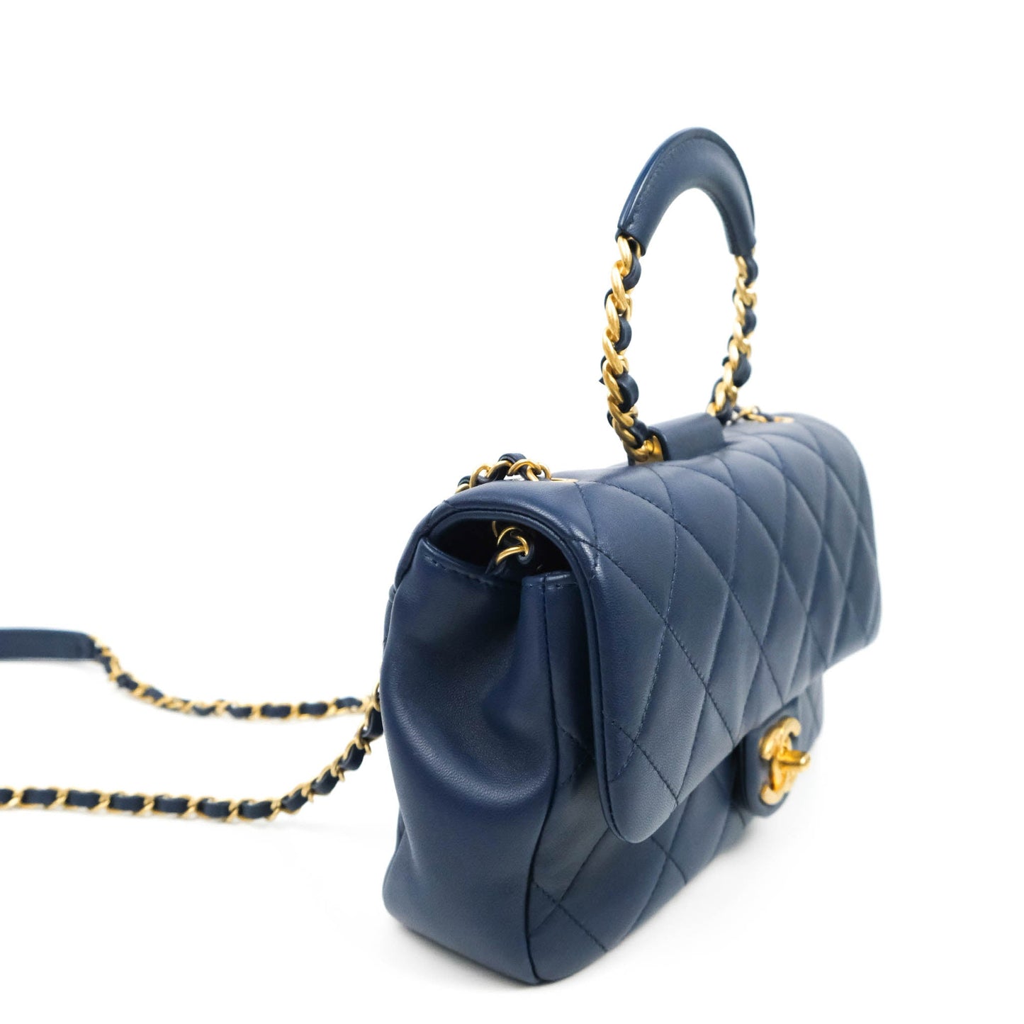 Chanel Circular Handle Flap Bag Navy Lambskin Aged Gold Hardware