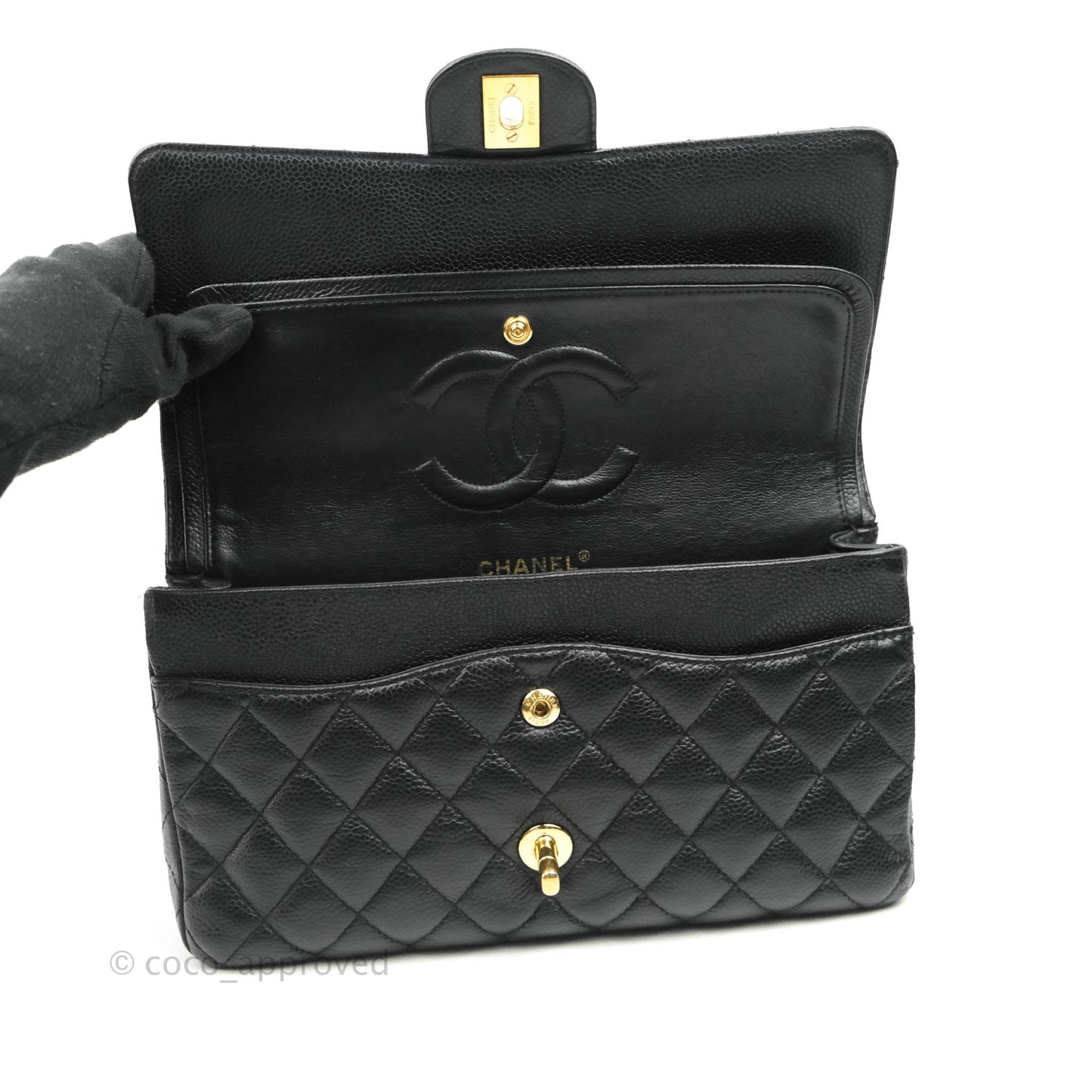 Chanel Vintage Classic M/L Medium Flap Quilted Black Caviar 24K Gold Hardware
