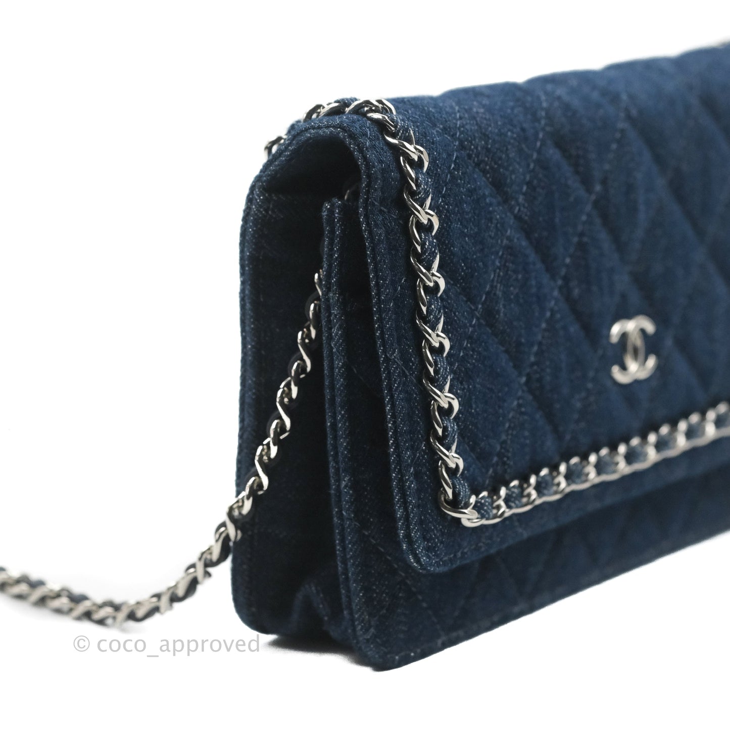 Chanel Quilted Chain Around Wallet on Chain WOC Dark Blue Denim Silver Hardware