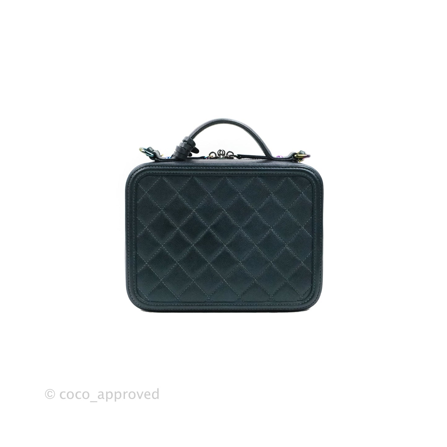 Chanel Quilted Medium CC Filigree Vanity Case Iridescent Dark Turquoise Caviar Rainbow Hardware