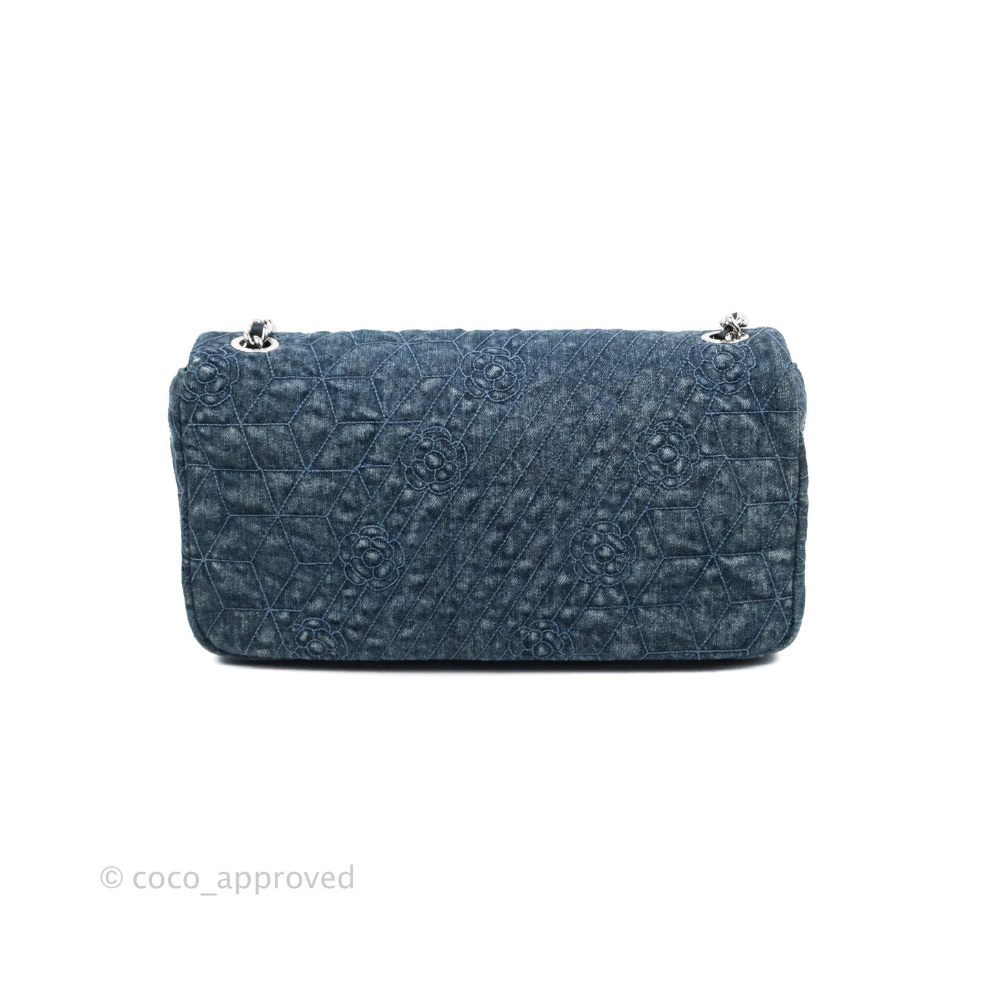 Chanel Camellia Embroidered Flap Bag Blue Washed Denim Silver Hardware