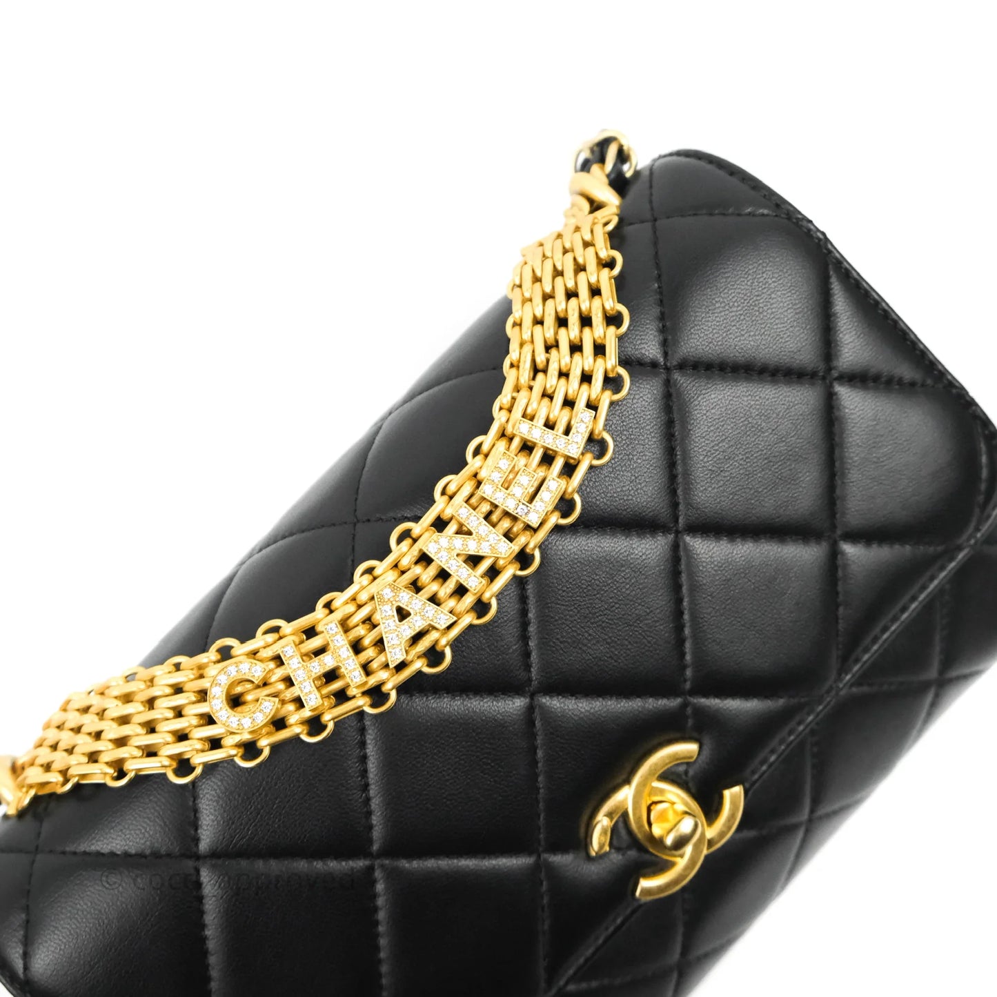 Chanel Quilted Small Flap Bag with CC Crystal Logo Handle Black Lambskin Aged Gold Hardware