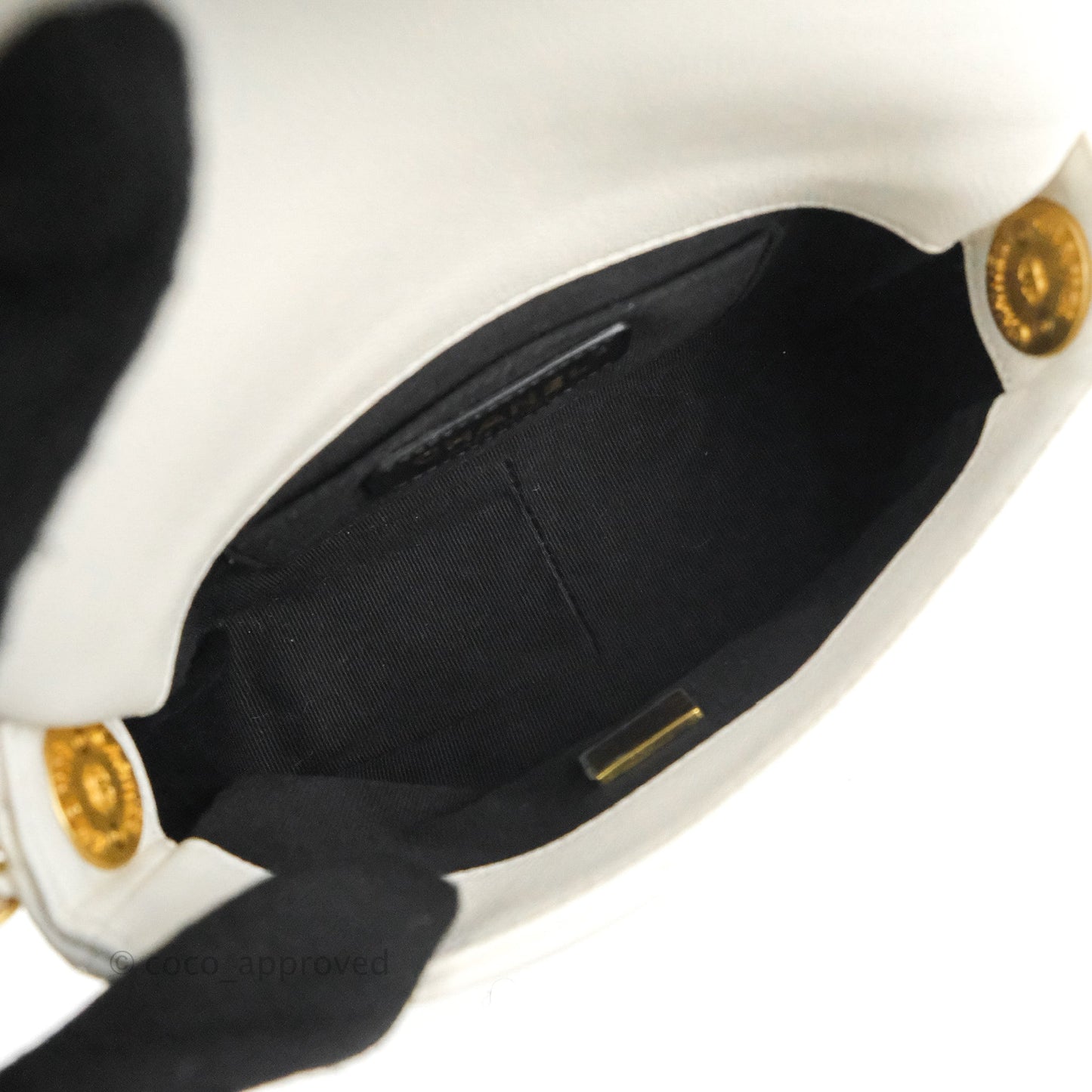 Chanel Mini Flap with Coin Charm White Caviar Aged Gold Hardware 22A