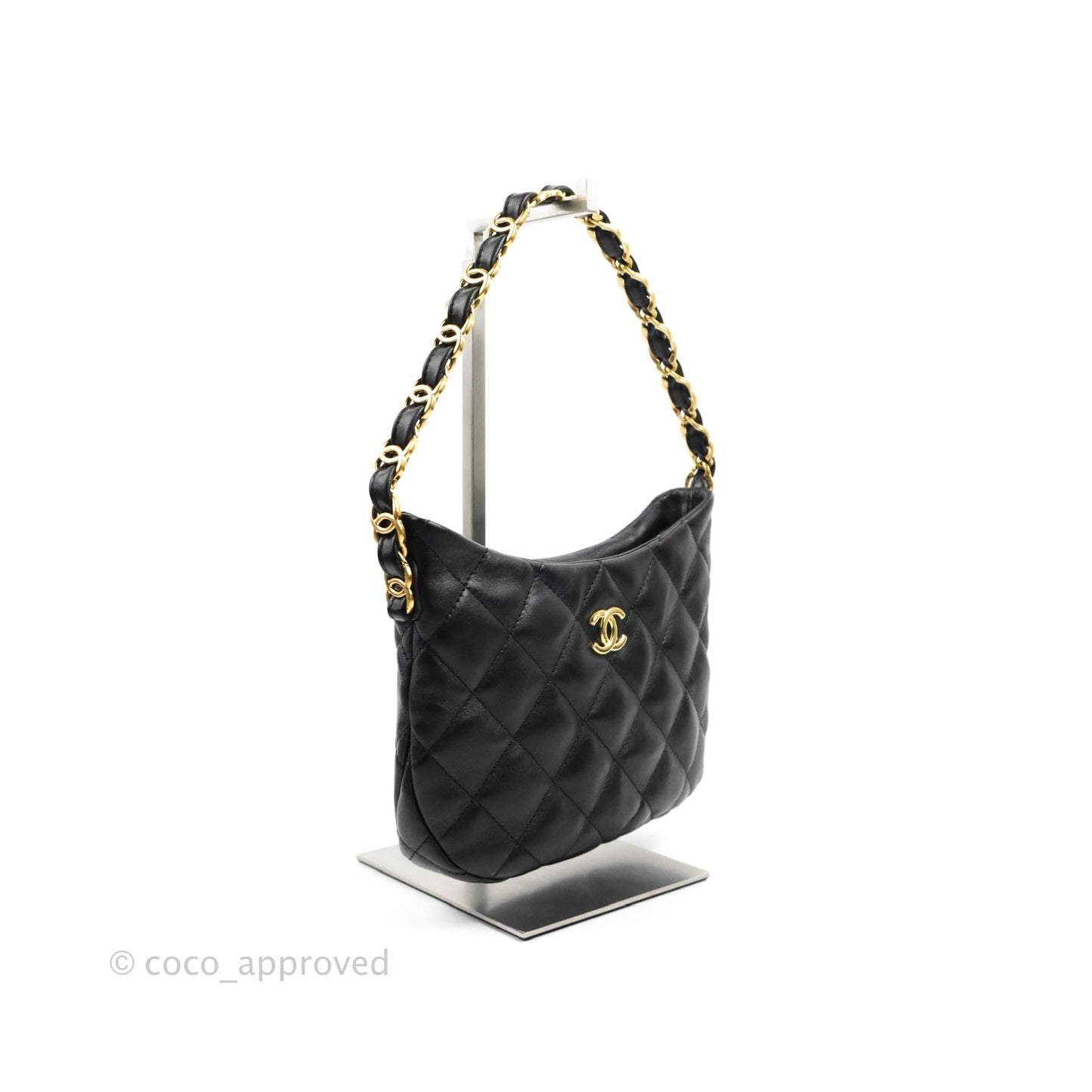 Chanel Small Hobo Bag CC Chain Black Calfskin Aged Gold Hardware 22K