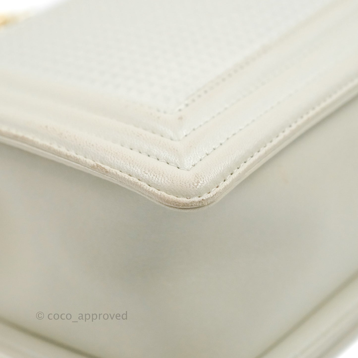 Chanel Cube Embossed Medium Boy Bag Iridescent Pearl White Lambskin Gold Hardware
