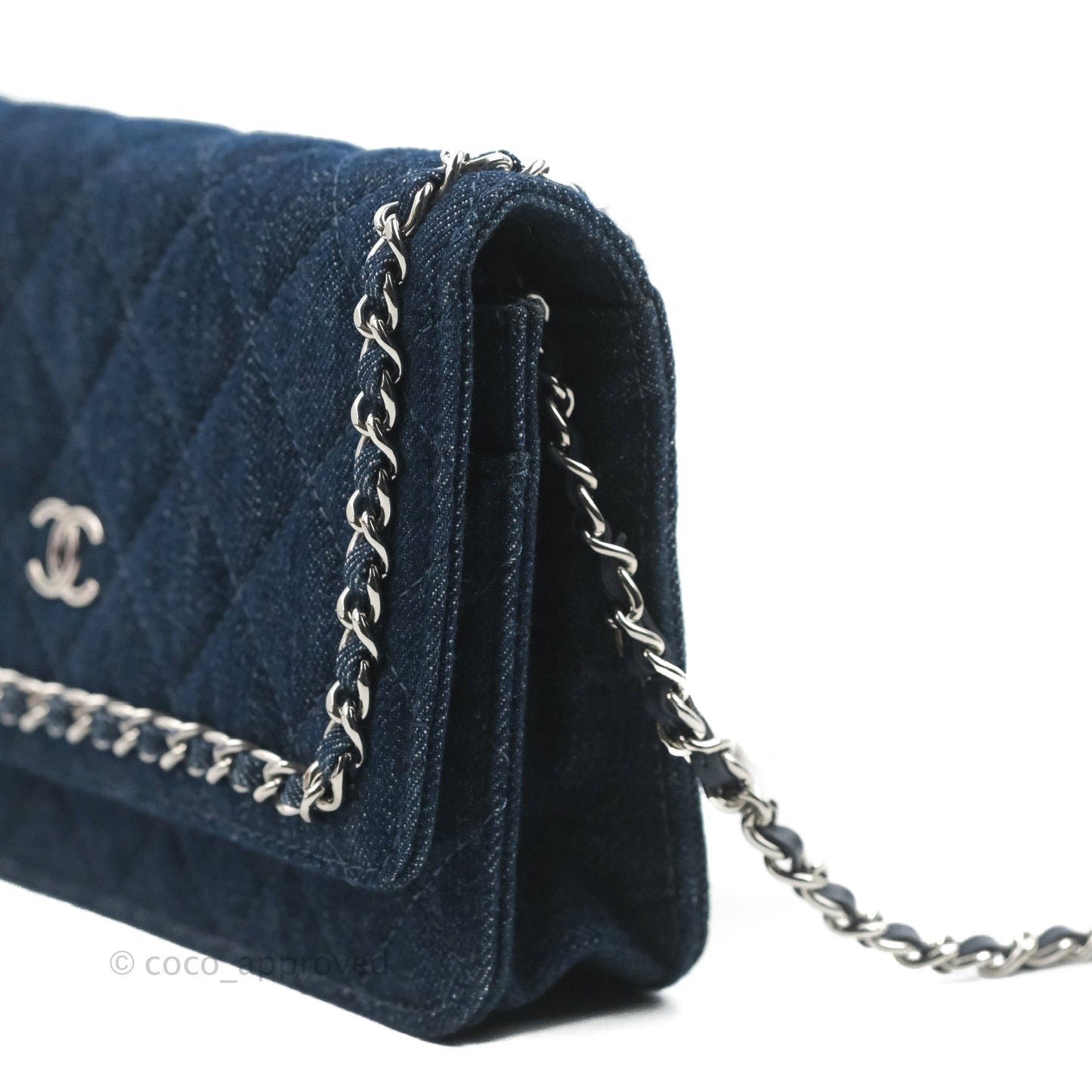 Chanel Quilted Chain Around Wallet on Chain WOC Dark Blue Denim Silver Hardware