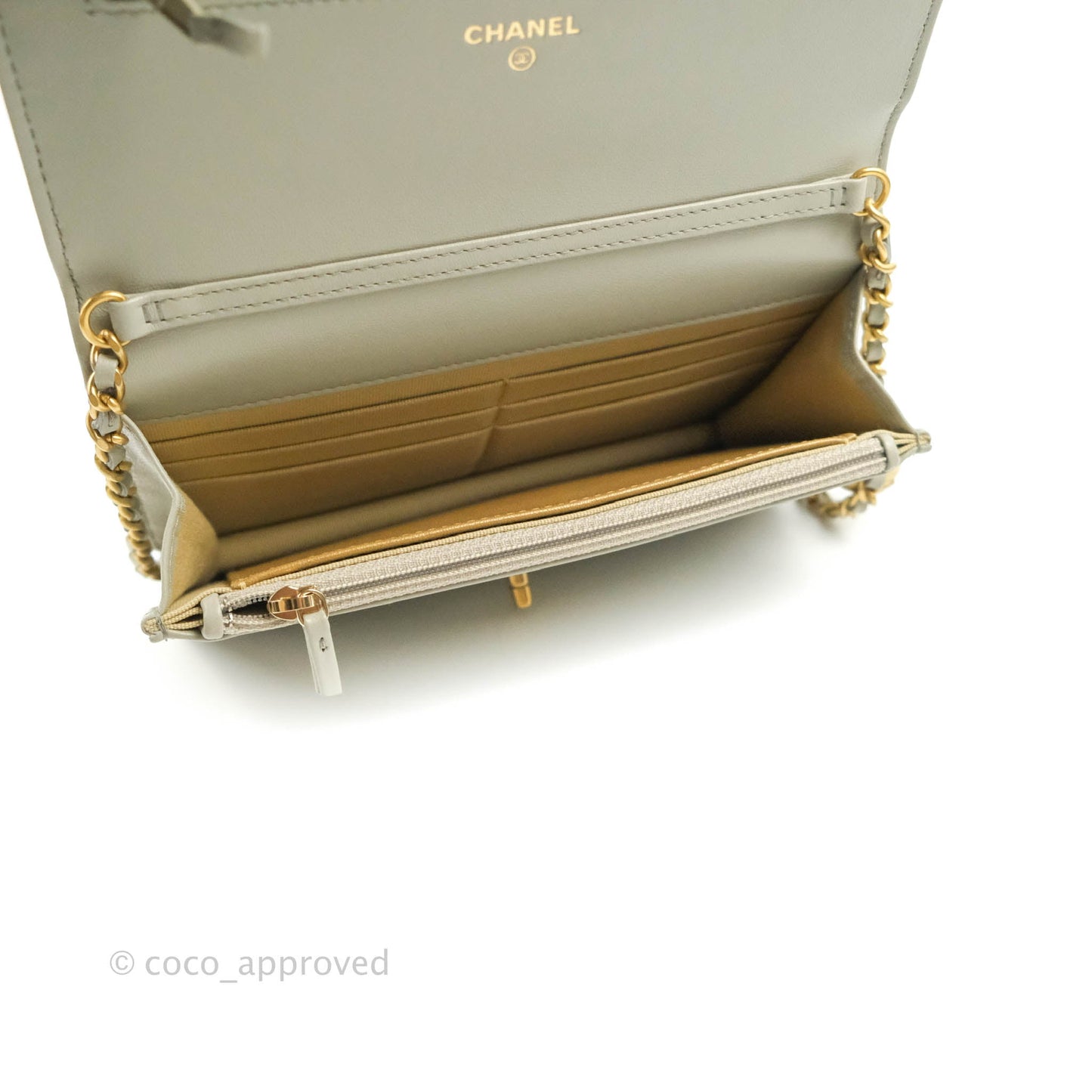Chanel Quilted Pearl Crush Wallet on Chain WOC Light Grey Lambskin Aged Gold Hardware 22C