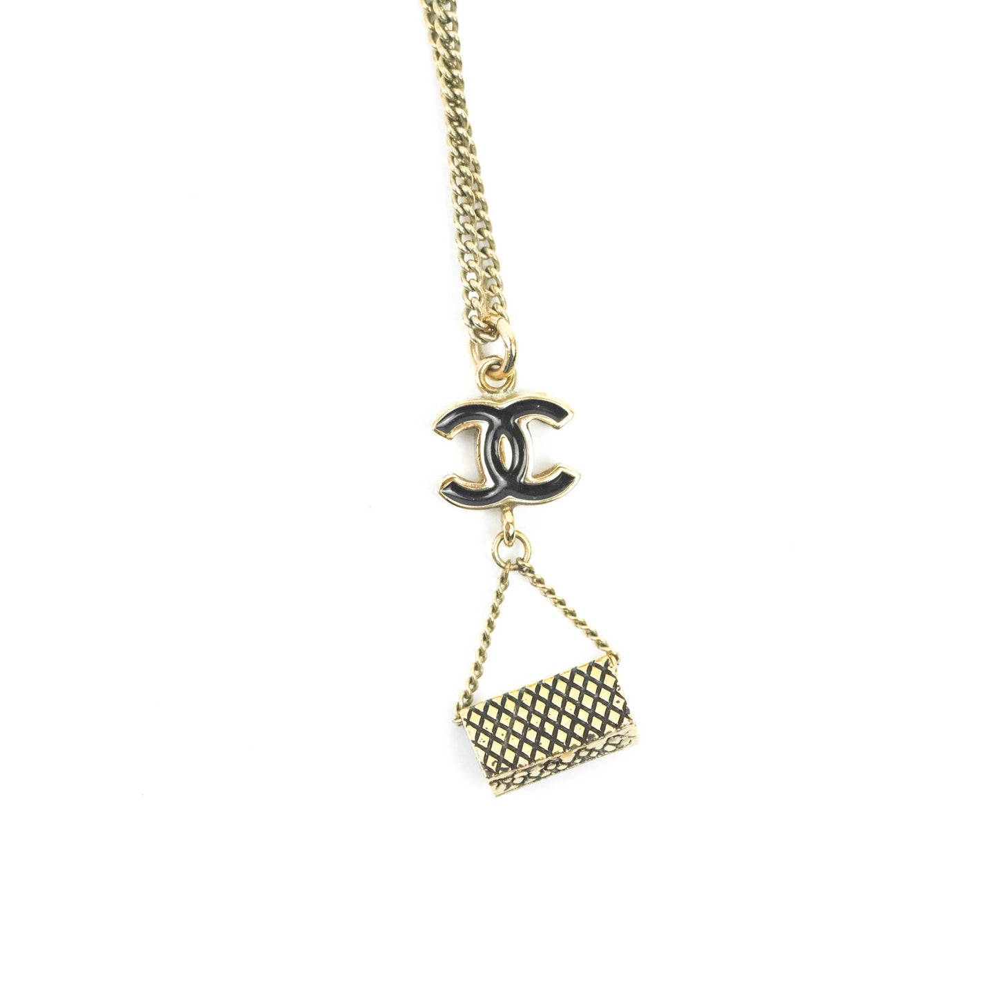 Chanel CC Black Enamel Flap Bag Charm Pendant Necklace Gold Tone 07P