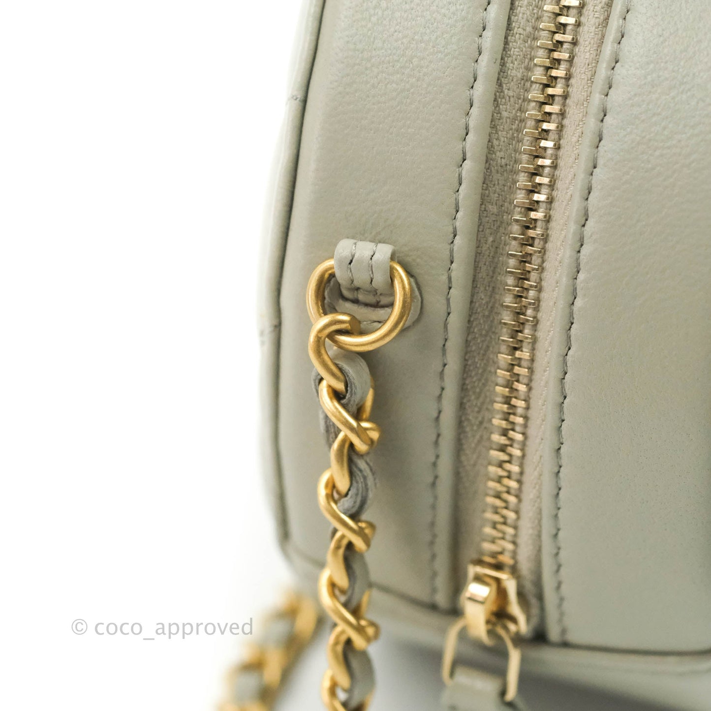 Chanel Quilted Round Pearl Crush Clutch With Chain Grey Lambskin Aged Gold Hardware