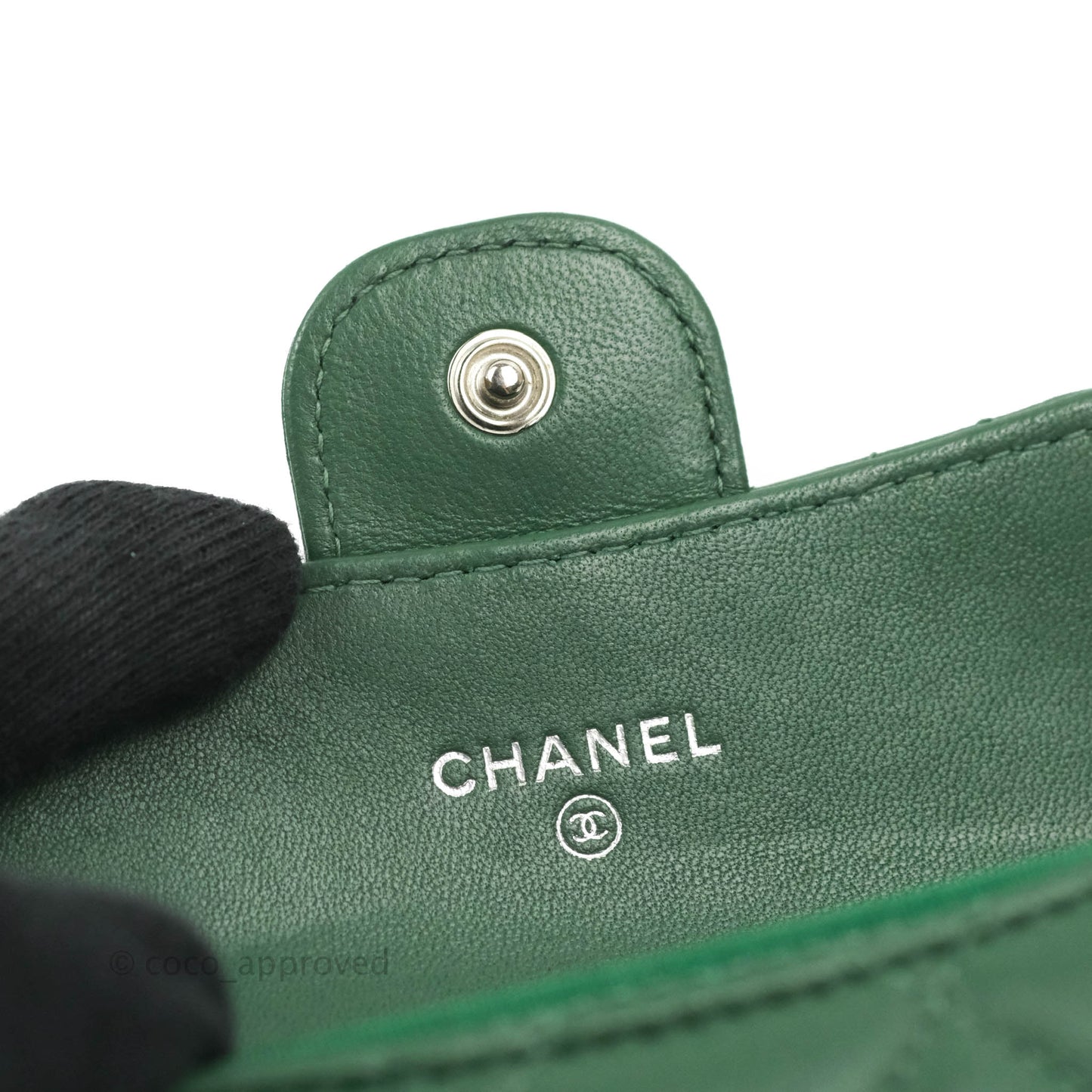 Chanel Classic Flap Coin Purse Dark Green Lambskin Silver Hardware