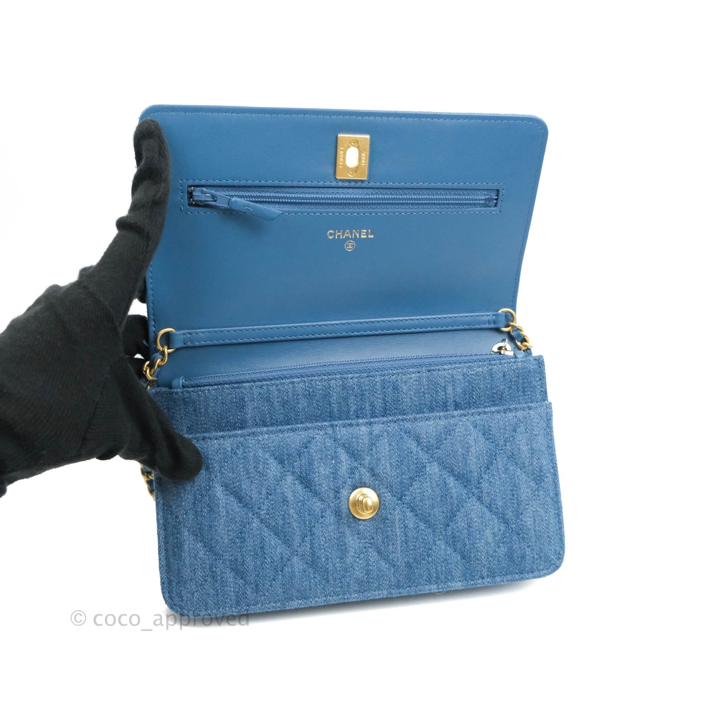 Chanel Quilted Pearl Crush Wallet on Chain WOC Denim Aged Gold Hardware