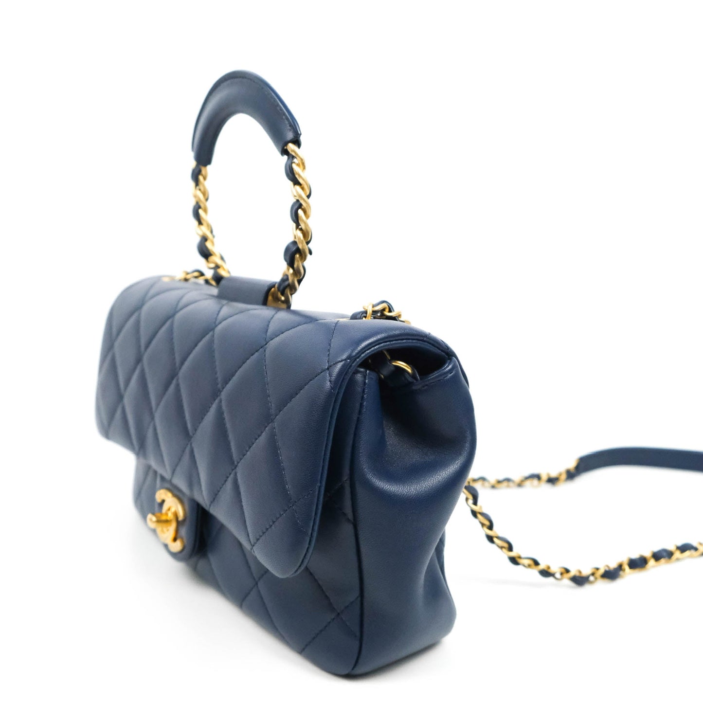 Chanel Circular Handle Flap Bag Navy Lambskin Aged Gold Hardware