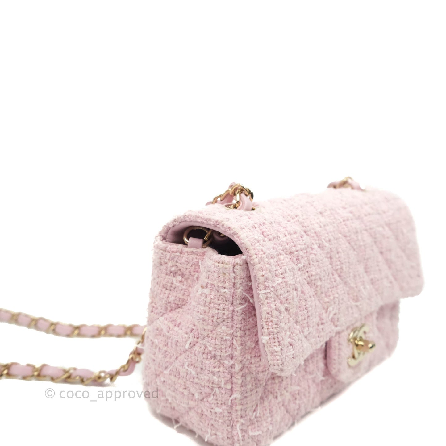 Chanel Classic Mini Rectangular Flap Pink Tweed Gold Hardware