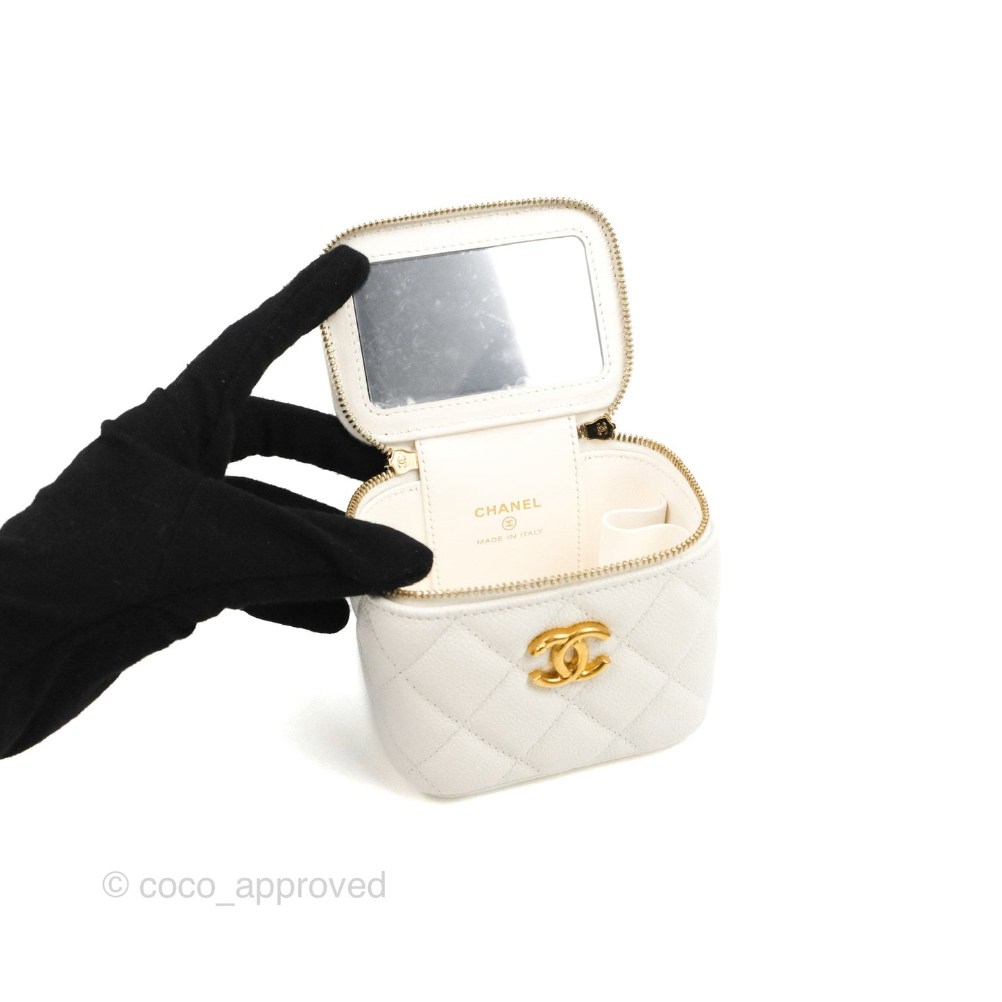 Chanel Quilted Heart Crush Mini Vanity With Chain White Caviar Aged Gold Hardware