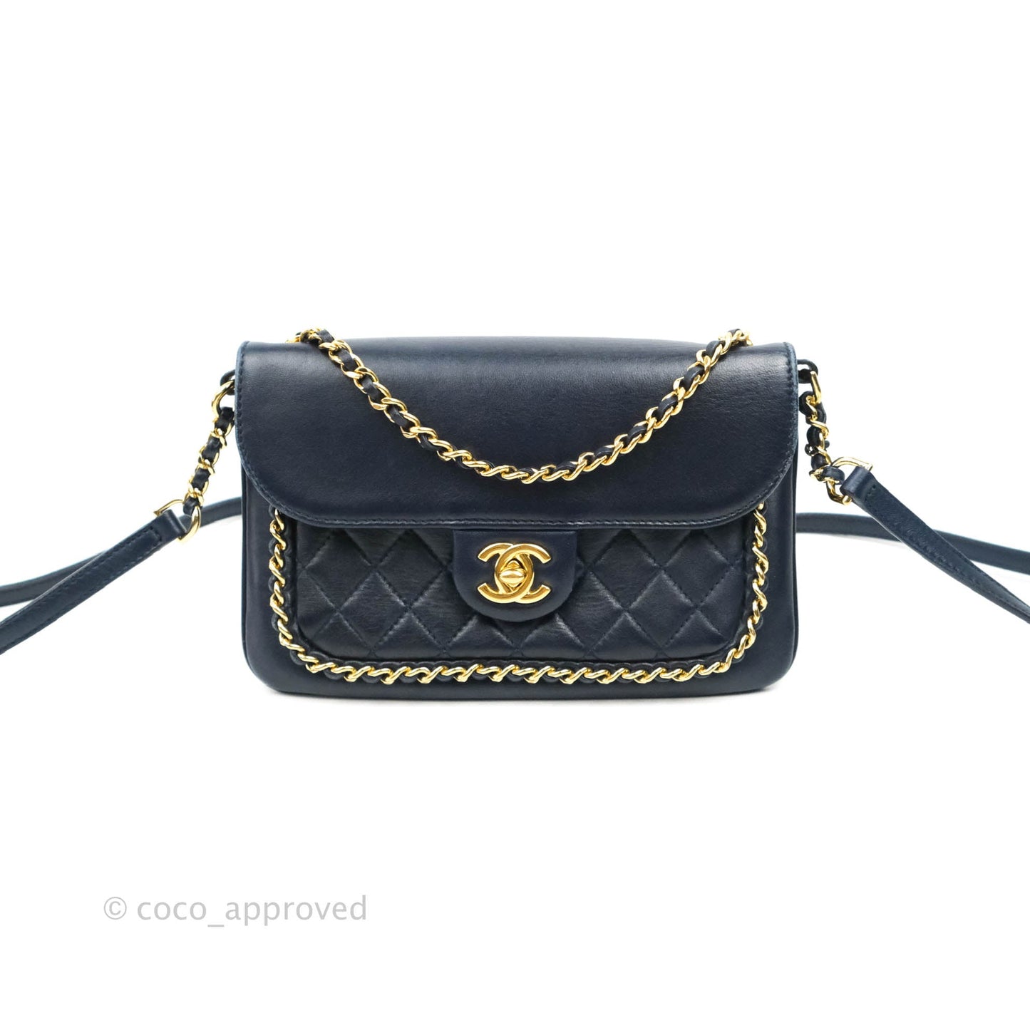 Chanel Flat Flap Bag With Chain Navy Calfskin Gold Hardware