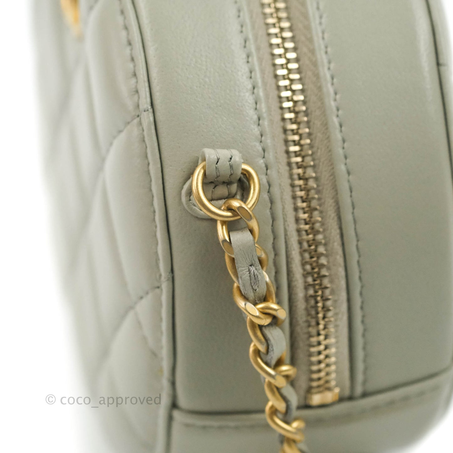 Chanel Quilted Round Pearl Crush Clutch With Chain Grey Lambskin Aged Gold Hardware