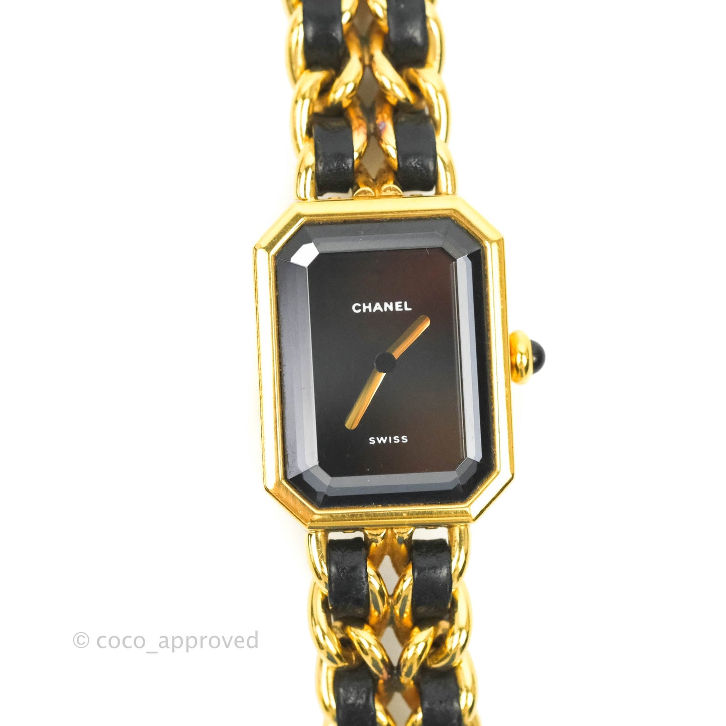 Chanel Vintage Première Watch Black Leather Gold Plated M Size