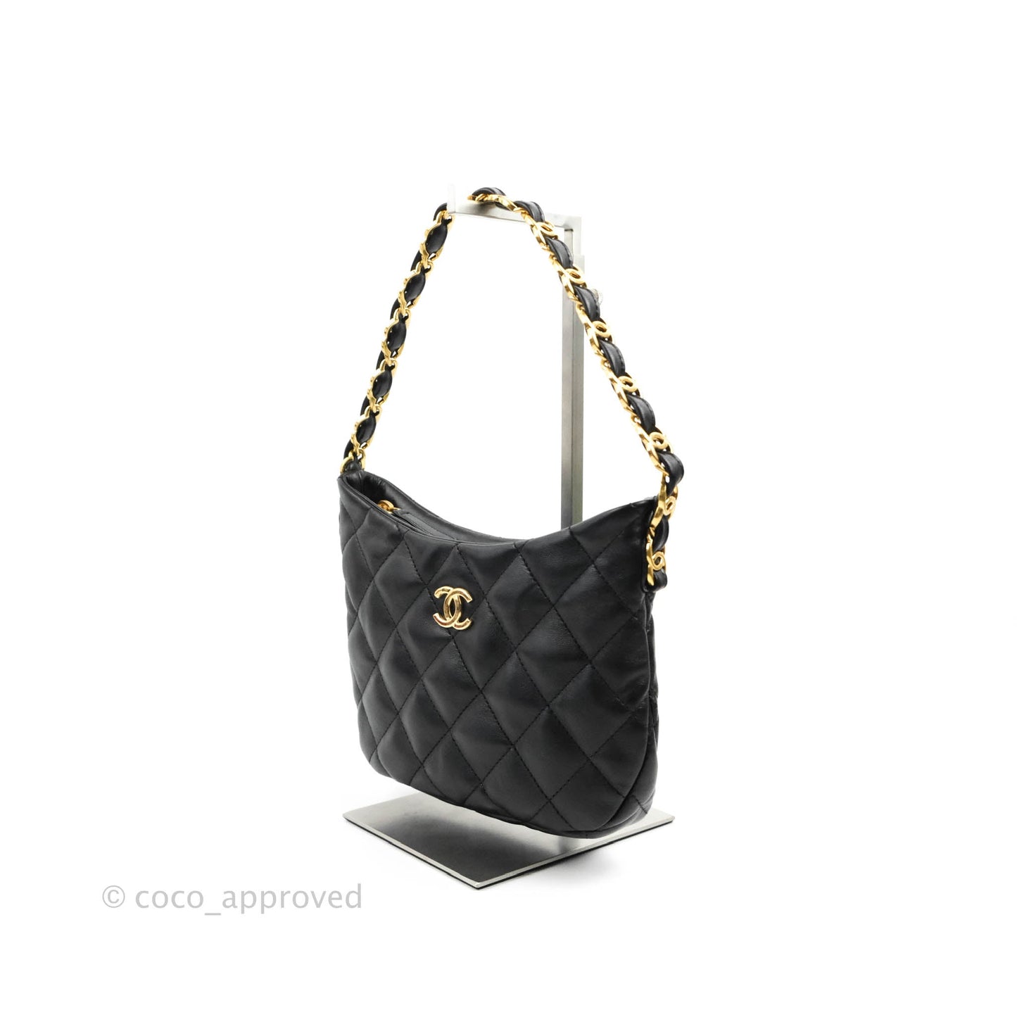 Chanel Small Hobo Bag CC Chain Black Calfskin Aged Gold Hardware 22K
