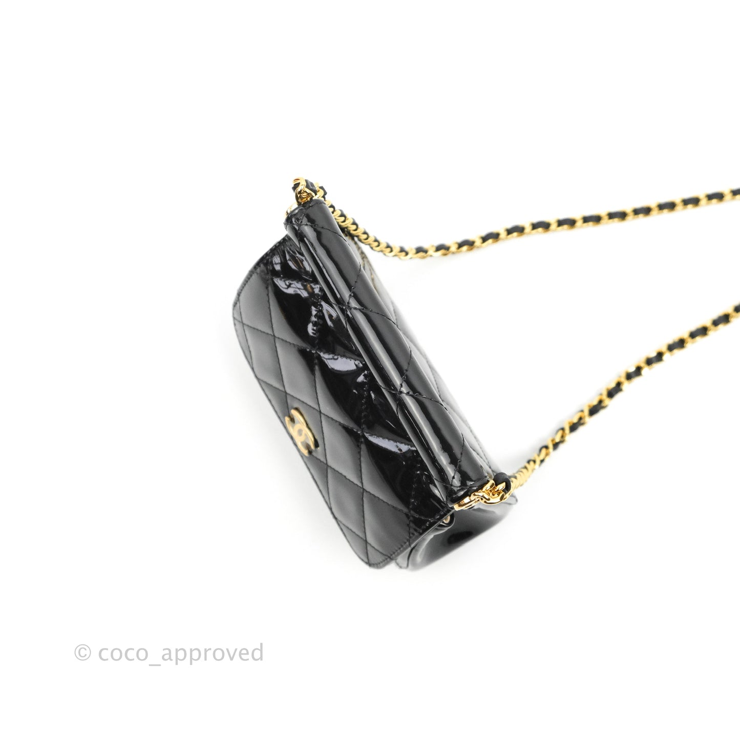 Chanel Quilted Clutch With Chain Patent Metal Black Gold Hardware
