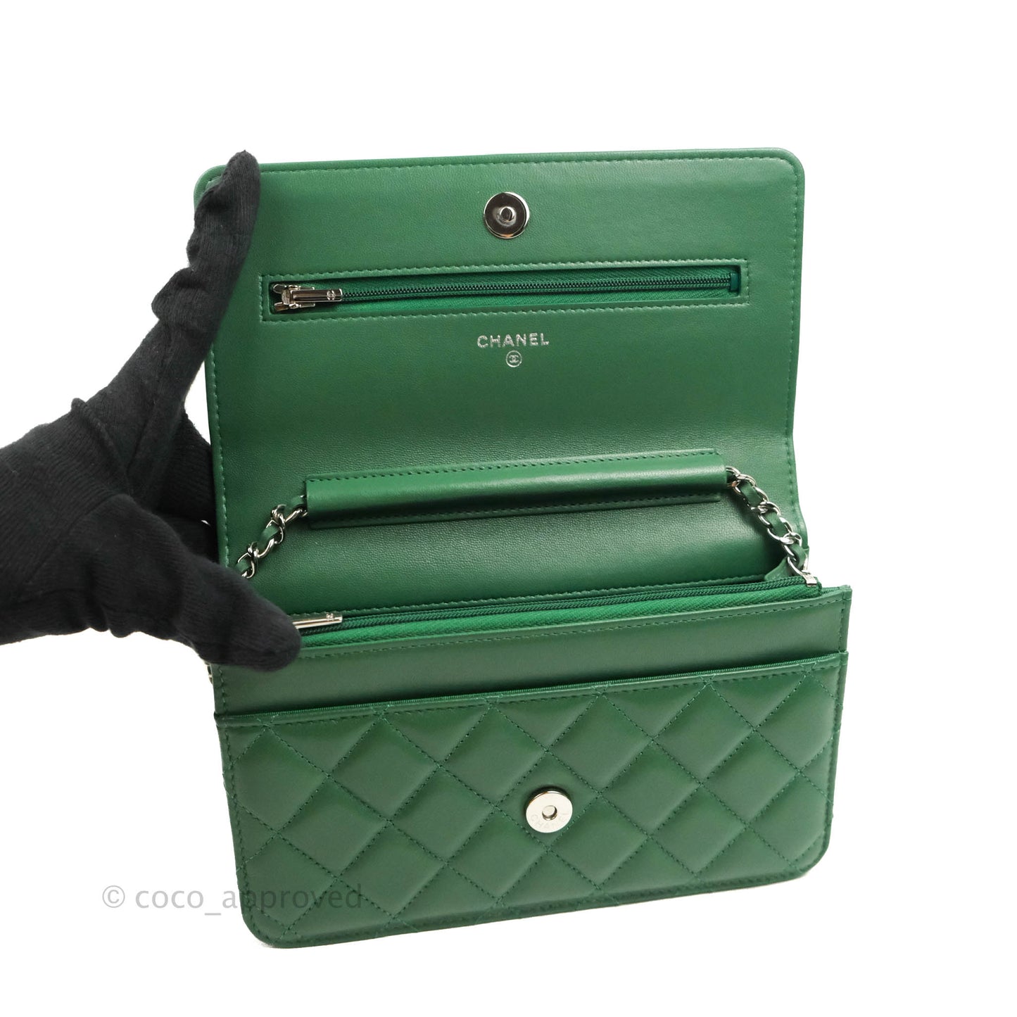 Chanel Quilted Classic Wallet on Chain WOC Green Lambskin Silver Hardware