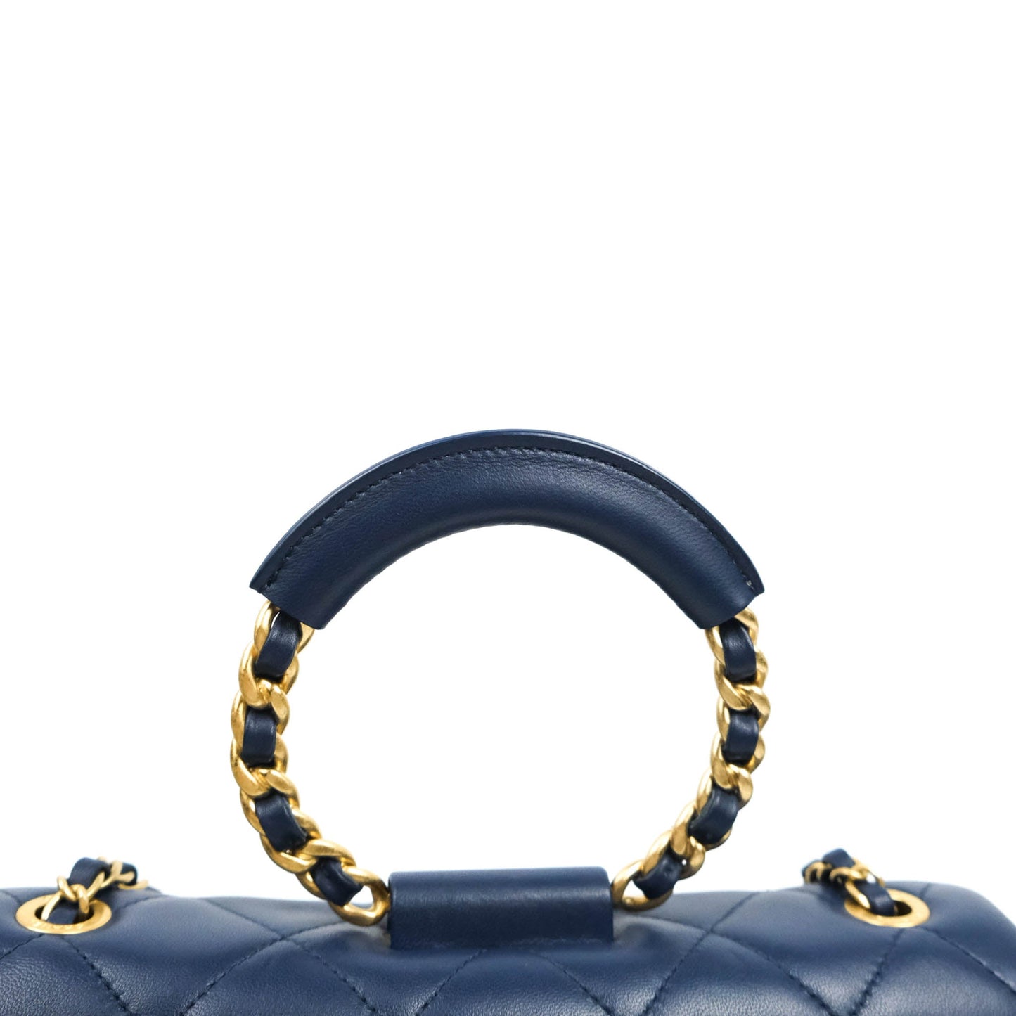 Chanel Circular Handle Flap Bag Navy Lambskin Aged Gold Hardware