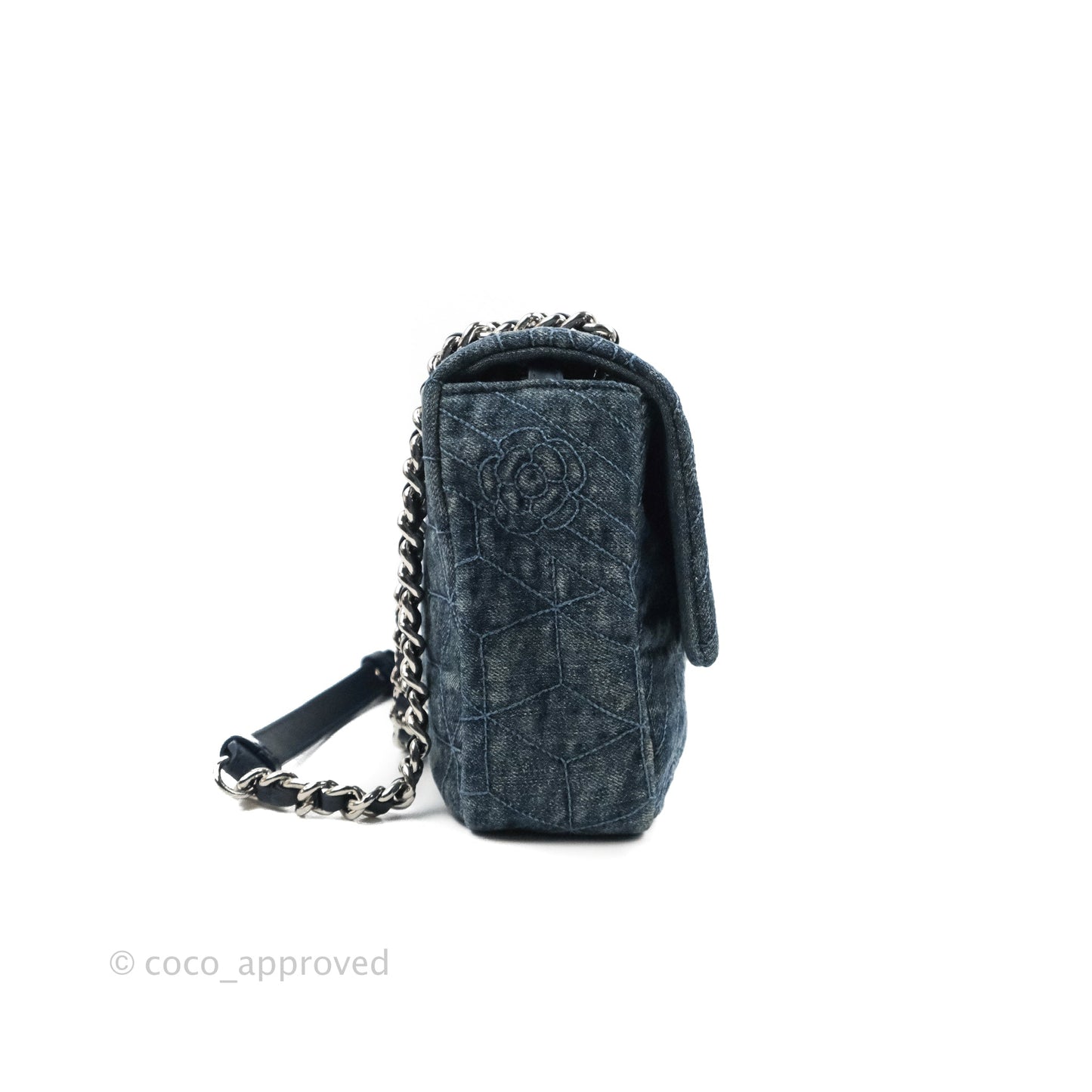 Chanel Camellia Embroidered Flap Bag Blue Washed Denim Silver Hardware