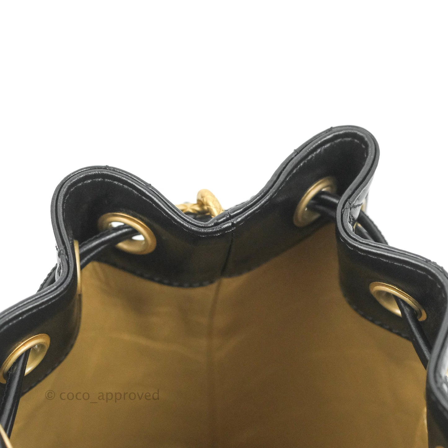 Chanel Quilted Drawstring Bucket Bag Black Calfskin Aged Gold Hardware
