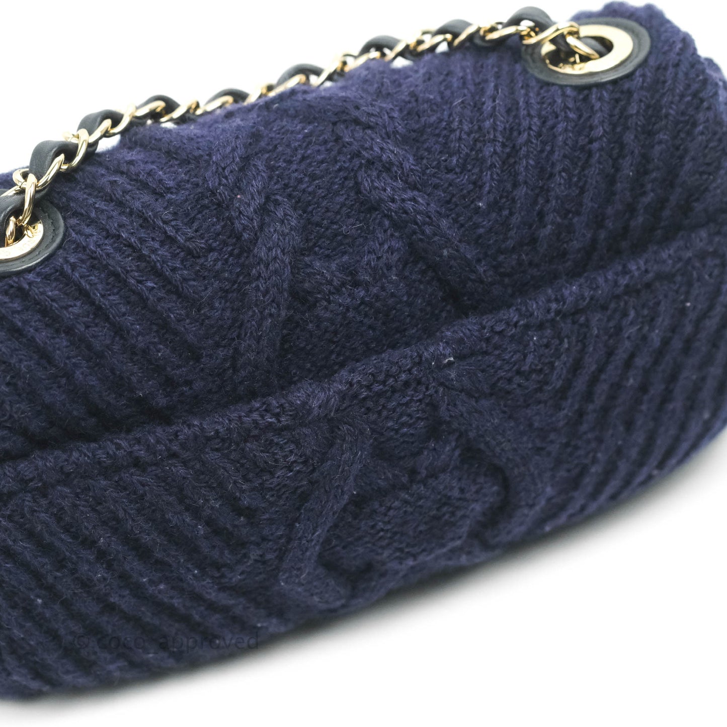 Chanel Mini Rectangular Flap Navy Blue Cable Knit Gold Hardware