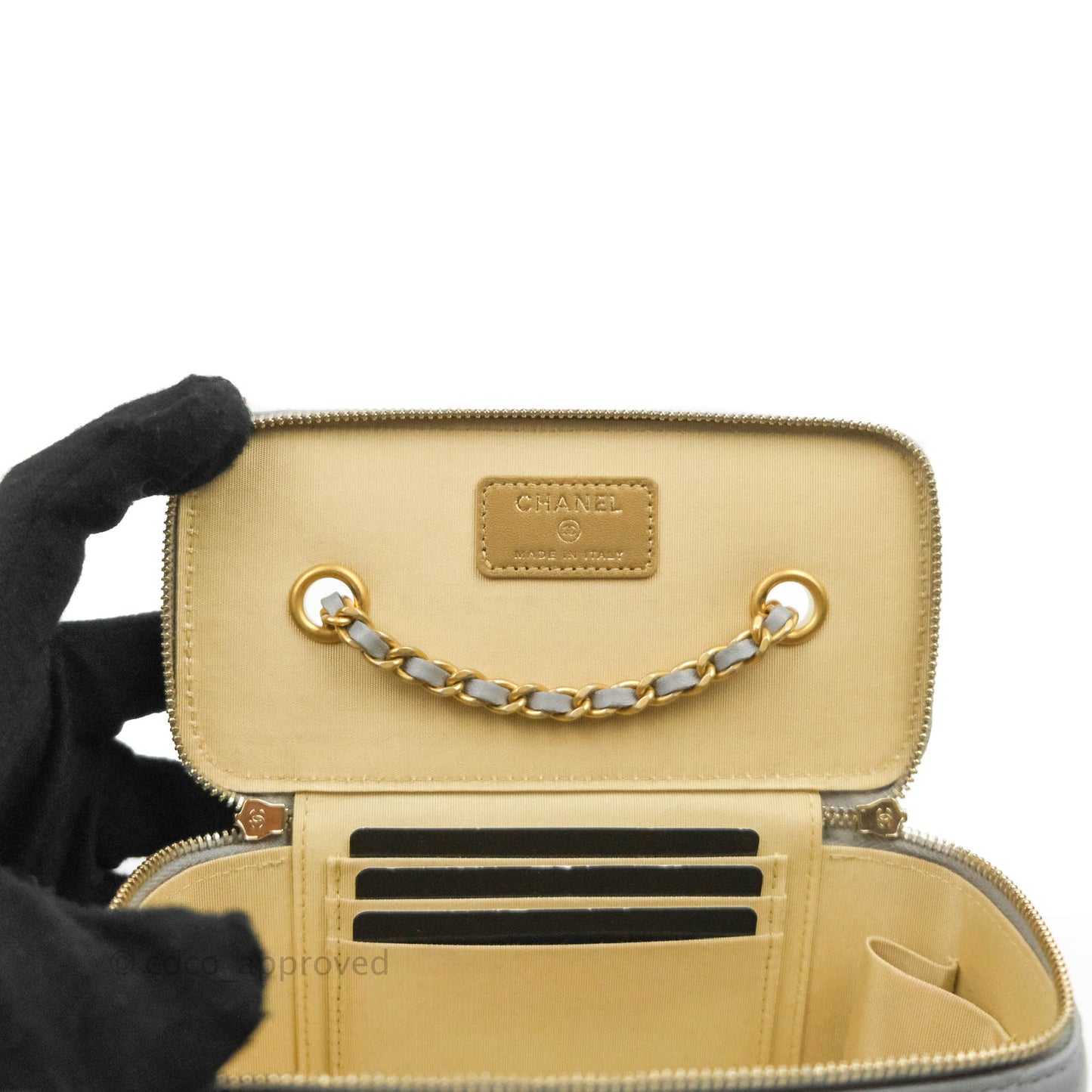 Chanel Vanity with Pearl Crush Chain Grey Lambskin Aged Gold Hardware