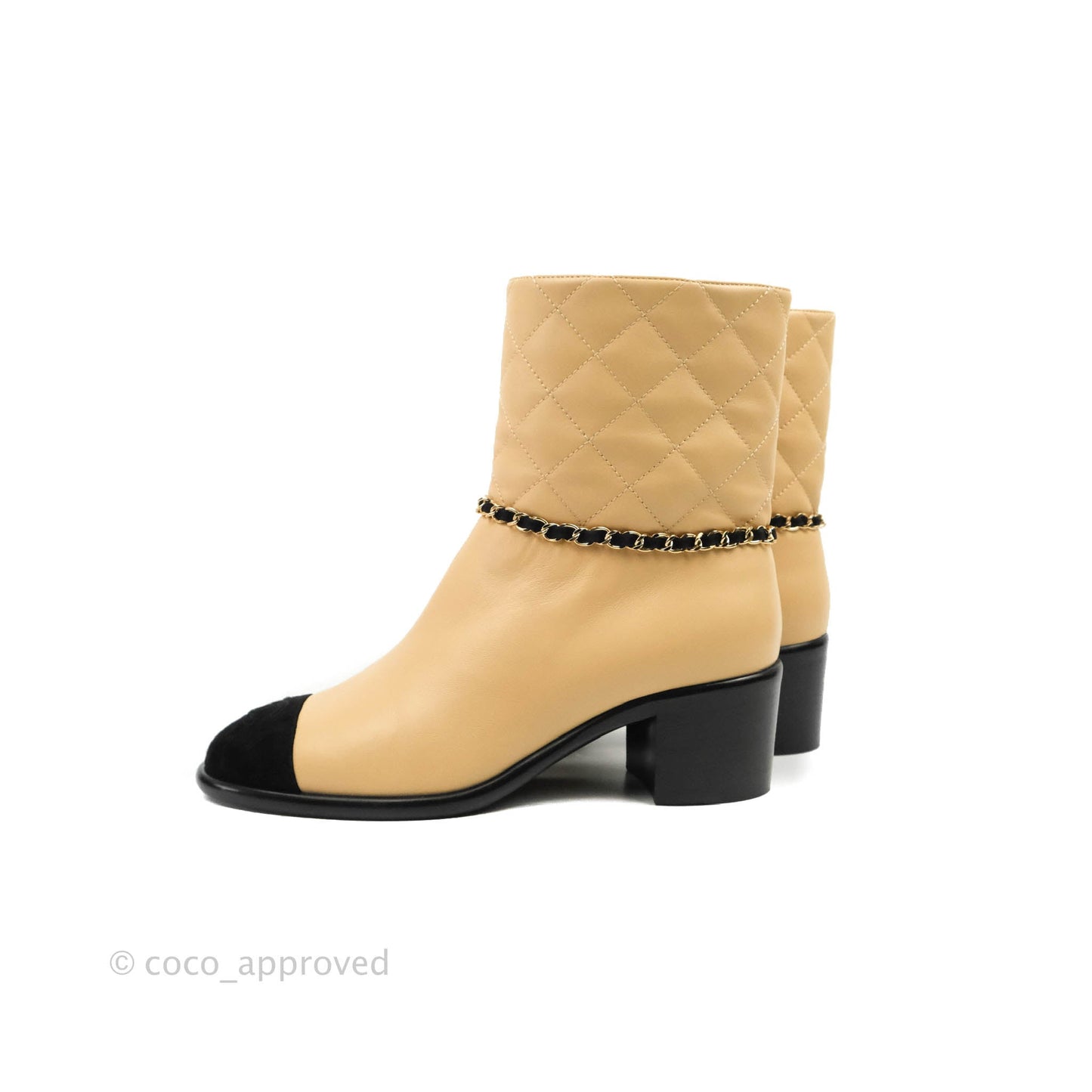 Chanel Chain Link CC Cap-toe Ankle Boots Beige Lambskin Black Suede Size 38.5
