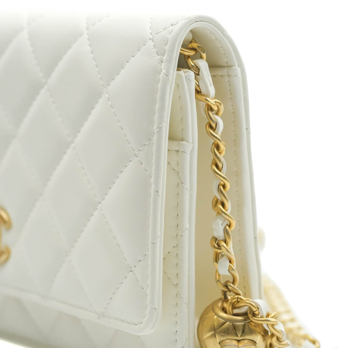 Chanel Quilted Pearl Crush Wallet on Chain WOC White Lambskin Aged Gold Hardware