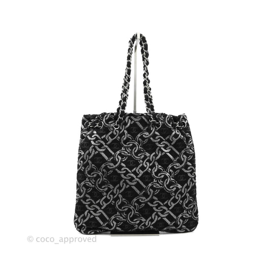 Chanel CC Chain Print Tote Bag Black/Silver Fabric Gun Metal
