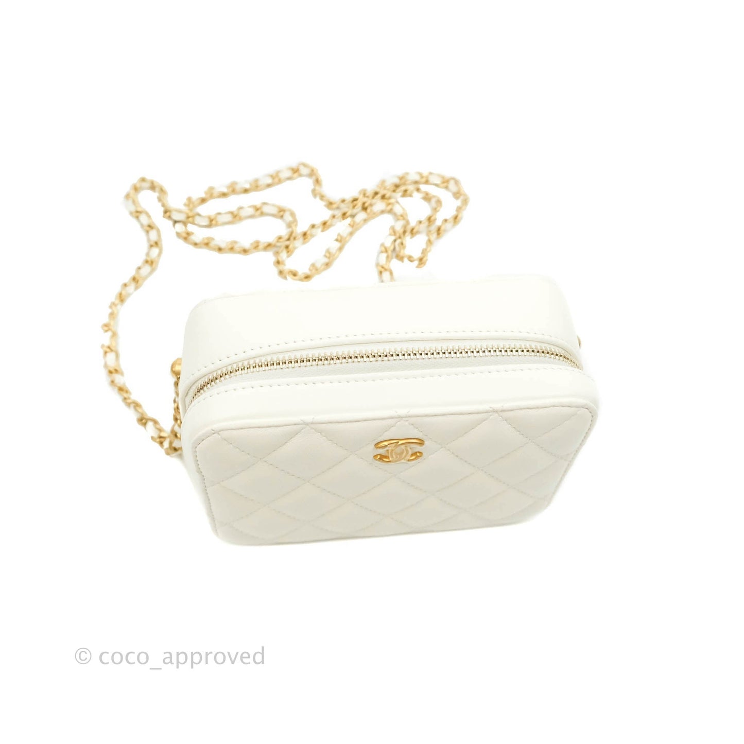 Chanel Mini Pearl Crush Quilted Camera Case White Lambskin Aged Gold Hardware